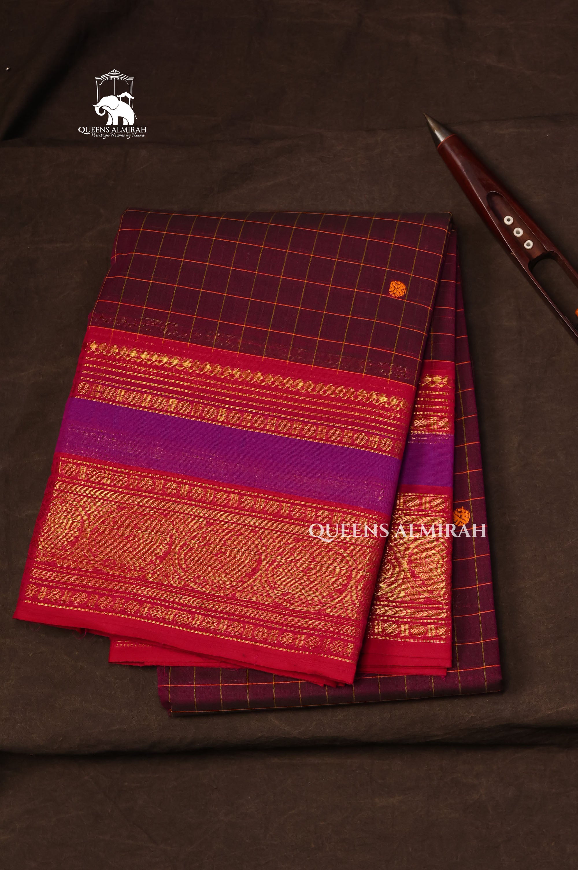 Maroon Kattam With Red Kanchi Cotton Saree