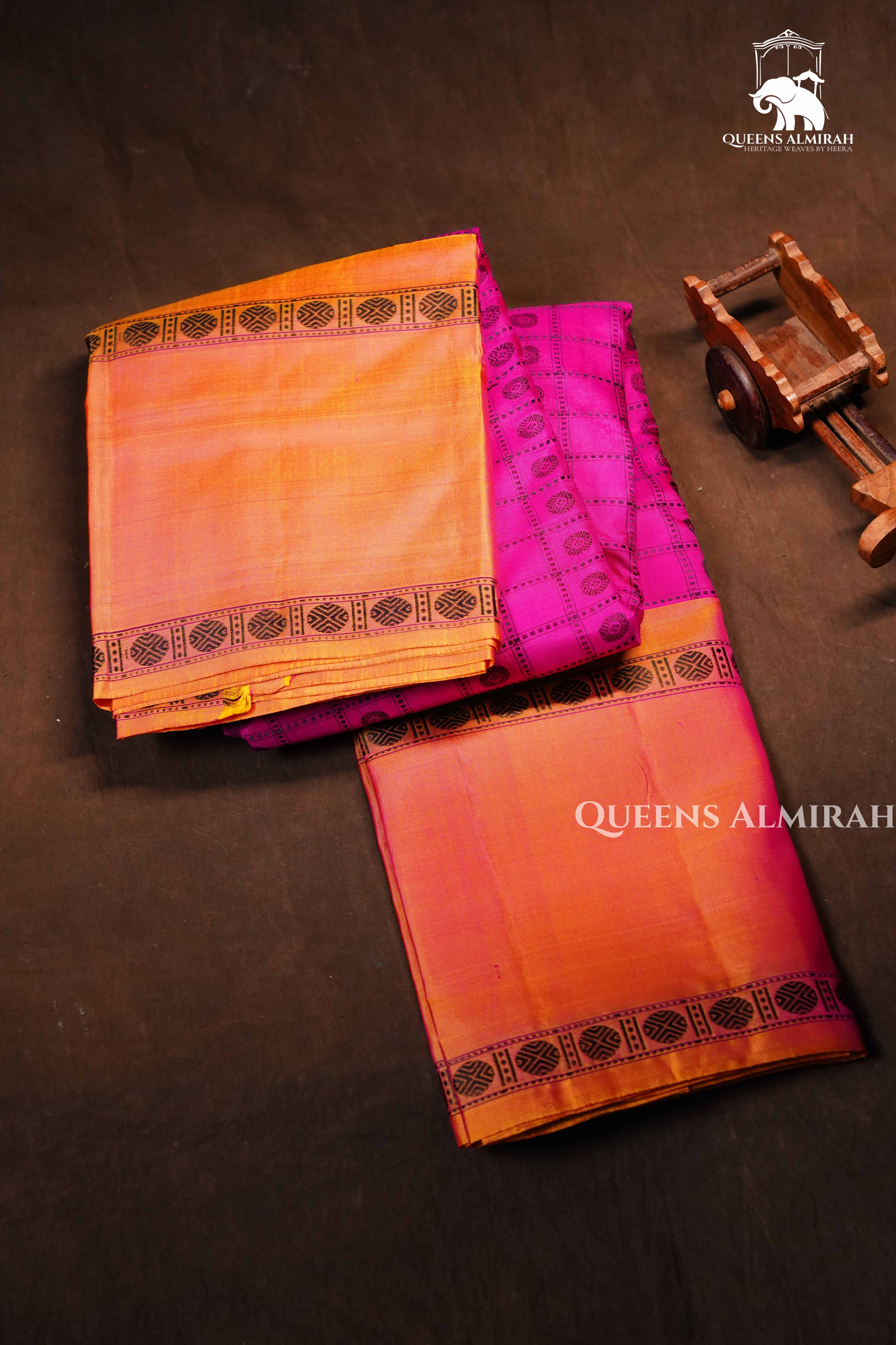 Rani Pink With Coral Orange Pure Kanchivaram Silk Saree