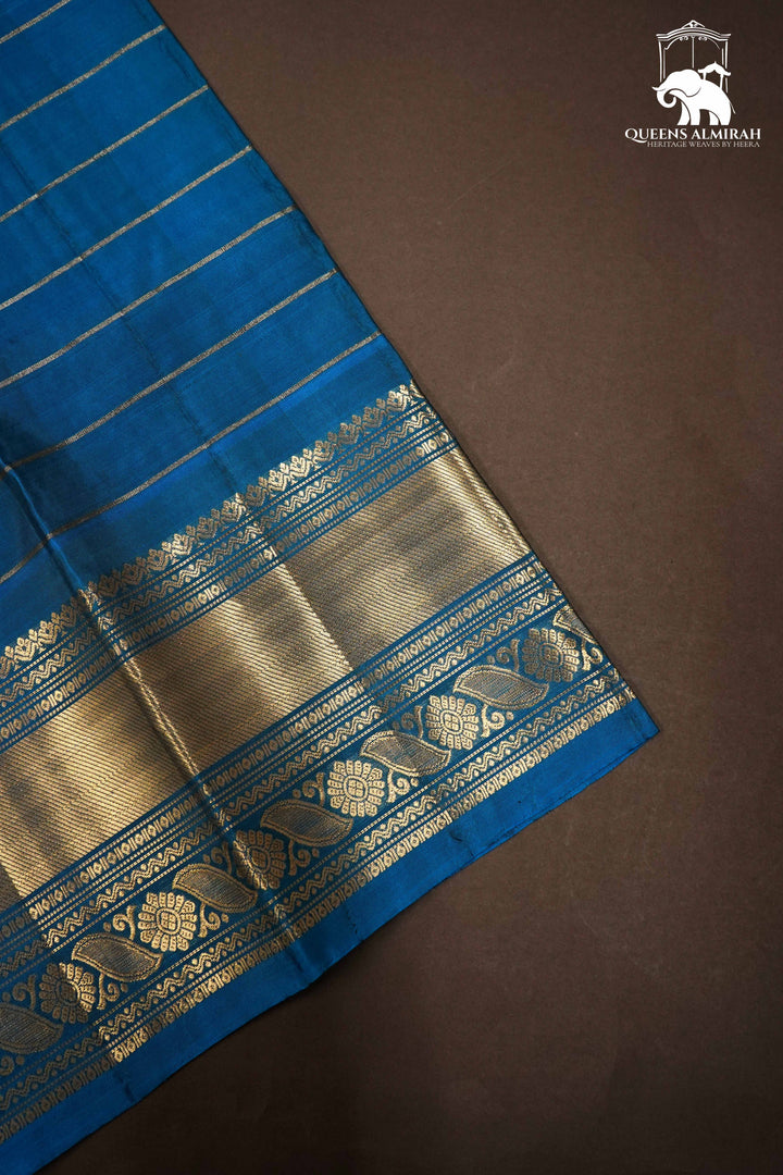 PALE SKY BLUE WITH NILE BLUE KANCHIVARAM SILK SAREE - Queens Jewel Emporium