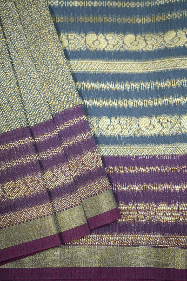 BANARASI  SILK  - HEATHERED GREY WITH DULL PURPLE WOVEN BORDER SILK COTTON SAREE - Queens Jewel Emporium