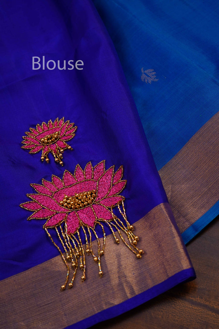 MEDIUM PERISAN BLUE WITH PERISAN INDIGO DESIGNER SILK SAREE - Queens Jewel Emporium