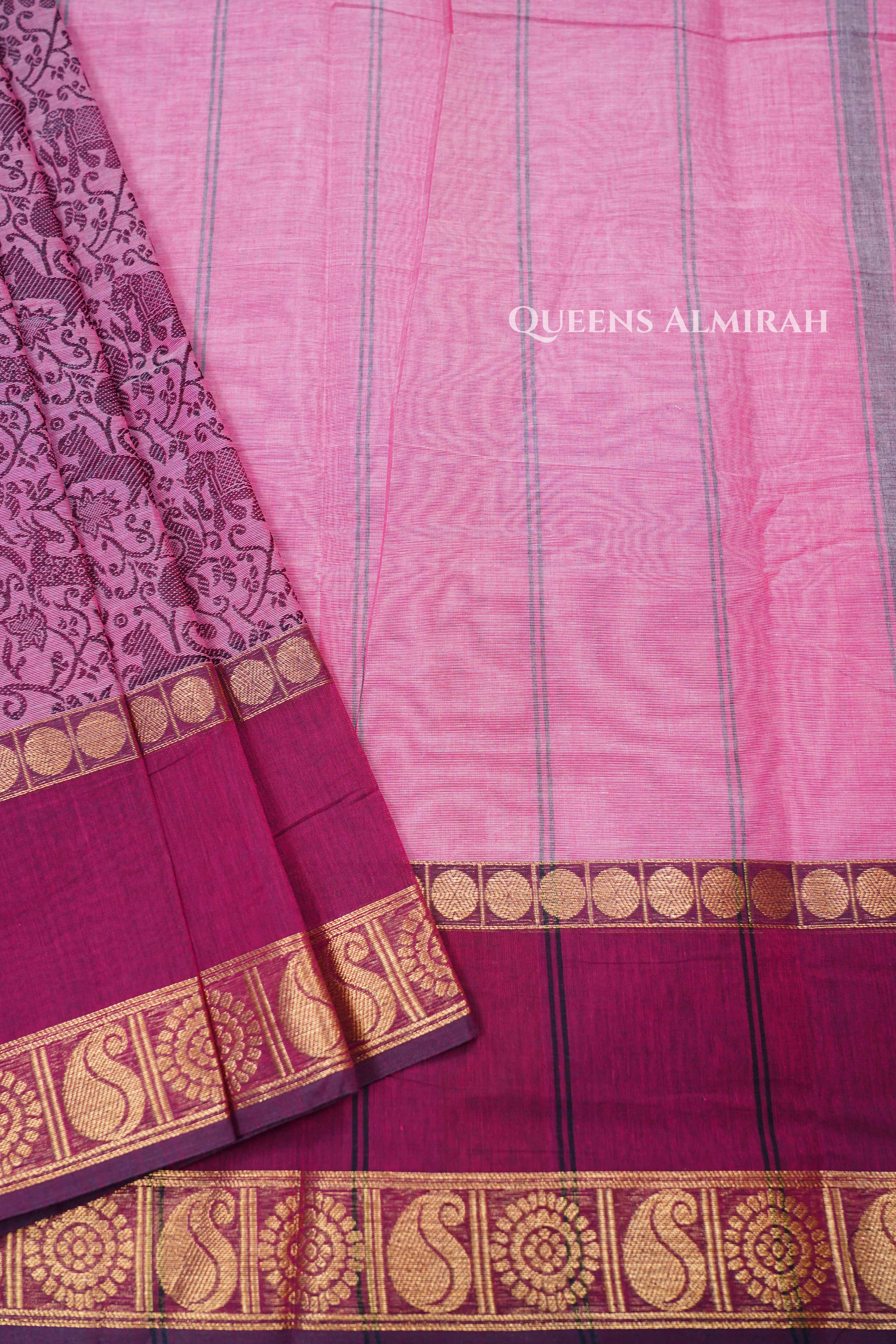 Pink With Maroon Kanchi Cotton Saree
