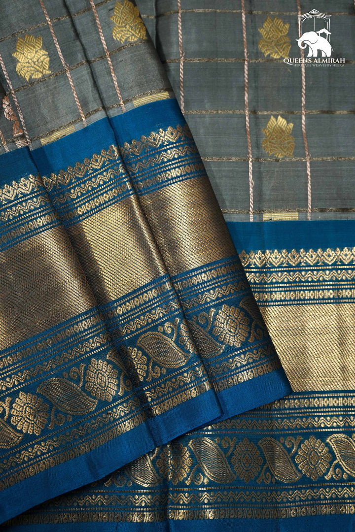 PALE SKY BLUE WITH NILE BLUE KANCHIVARAM SILK SAREE - Queens Jewel Emporium