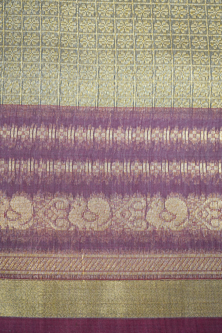 BANARASI  SILK  - HEATHERED GREY WITH DULL PURPLE WOVEN BORDER SILK COTTON SAREE - Queens Jewel Emporium