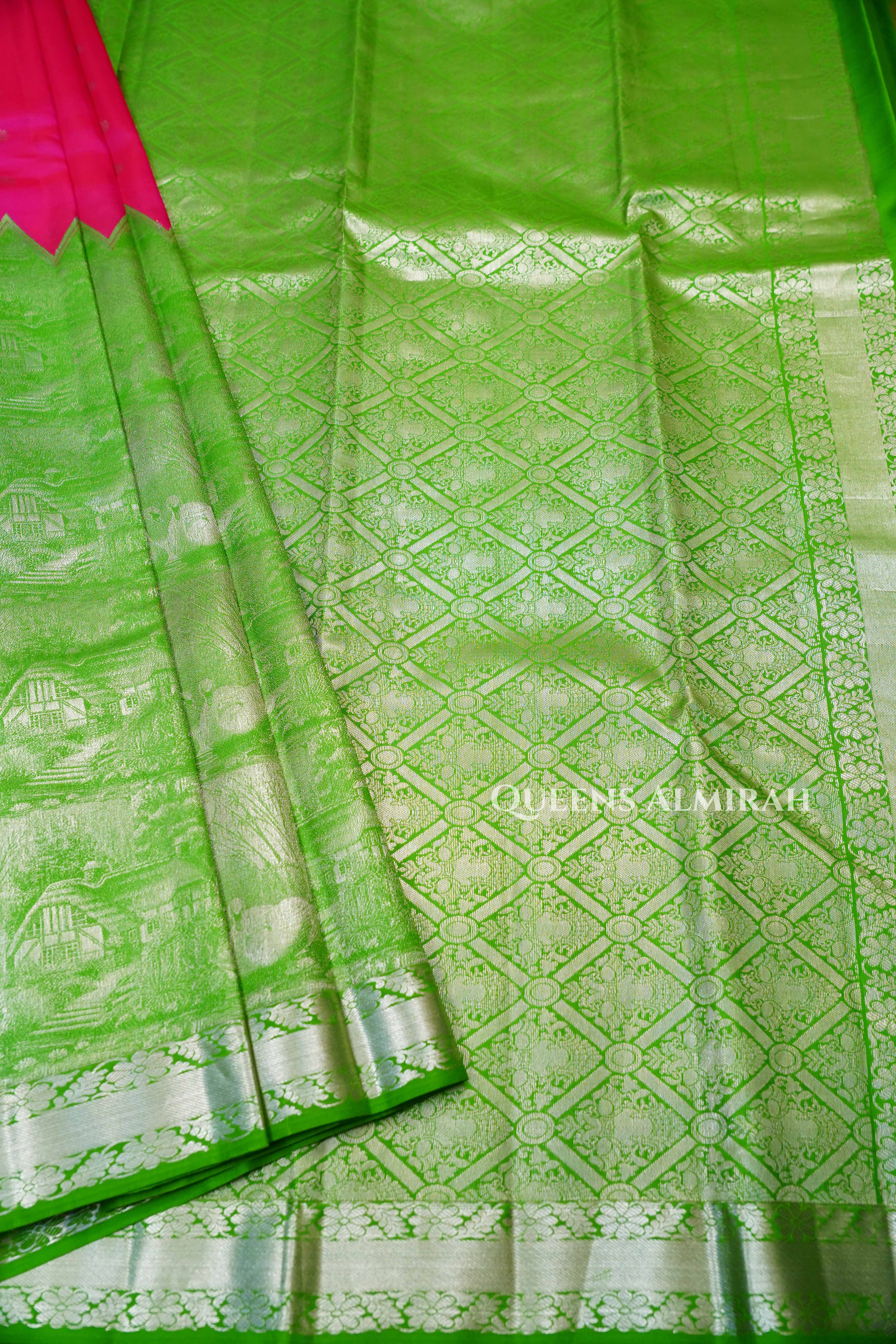 Parrot Green With Rani Pink  Kanchivaram Silk Saree