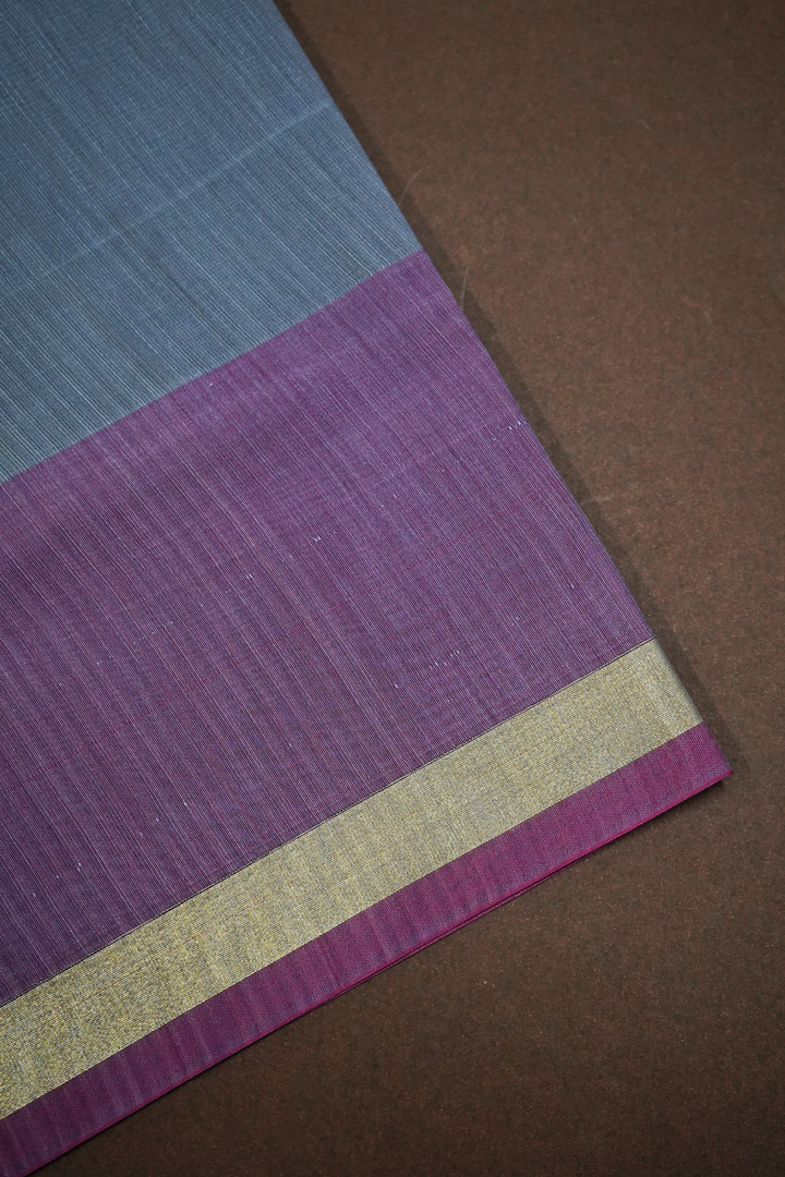 BANARASI  SILK  - HEATHERED GREY WITH DULL PURPLE WOVEN BORDER SILK COTTON SAREE - Queens Jewel Emporium