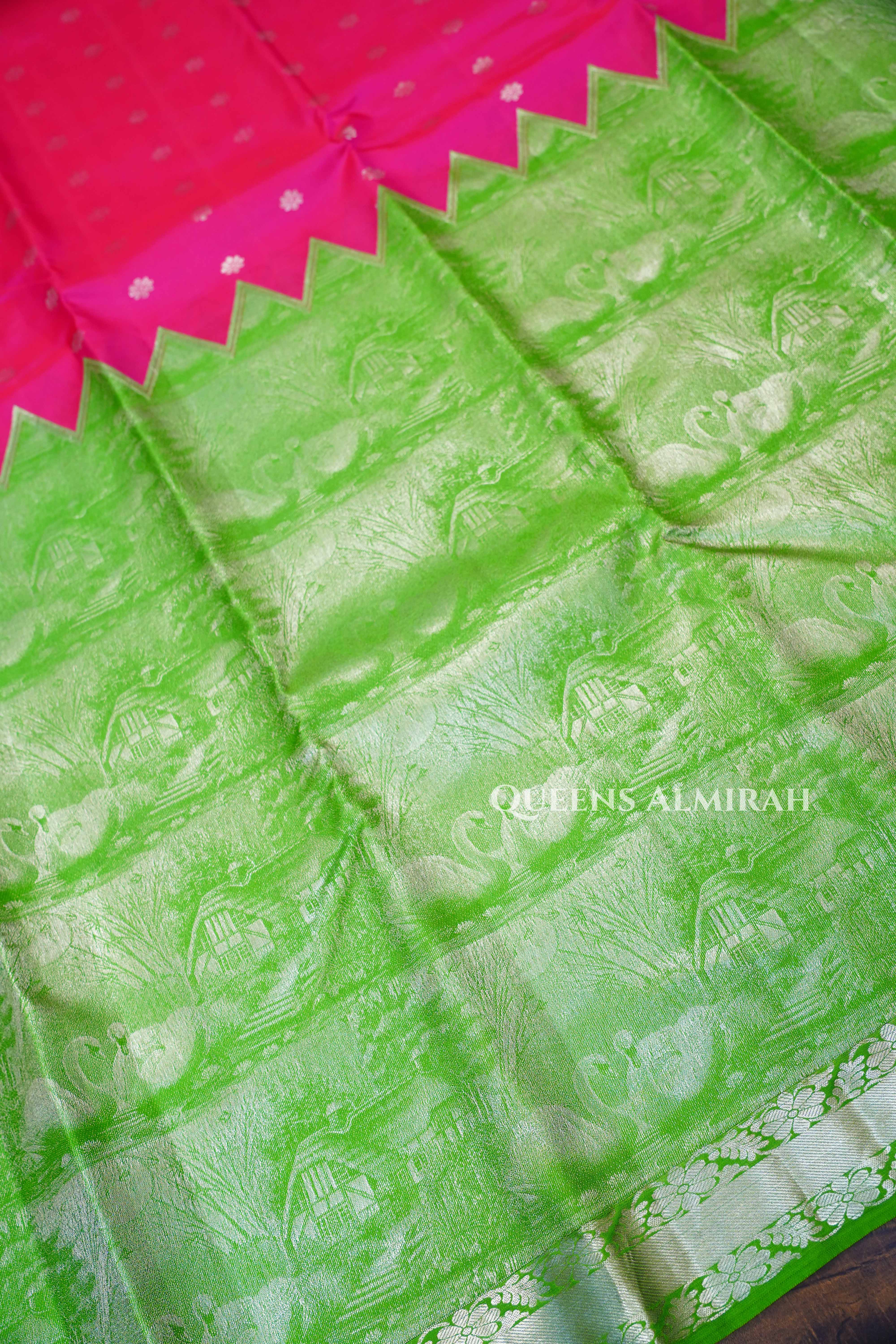 Parrot Green With Rani Pink  Kanchivaram Silk Saree