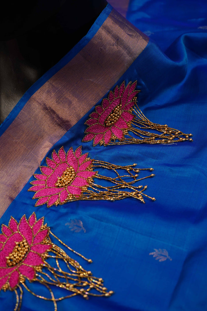 MEDIUM PERISAN BLUE WITH PERISAN INDIGO DESIGNER SILK SAREE - Queens Jewel Emporium