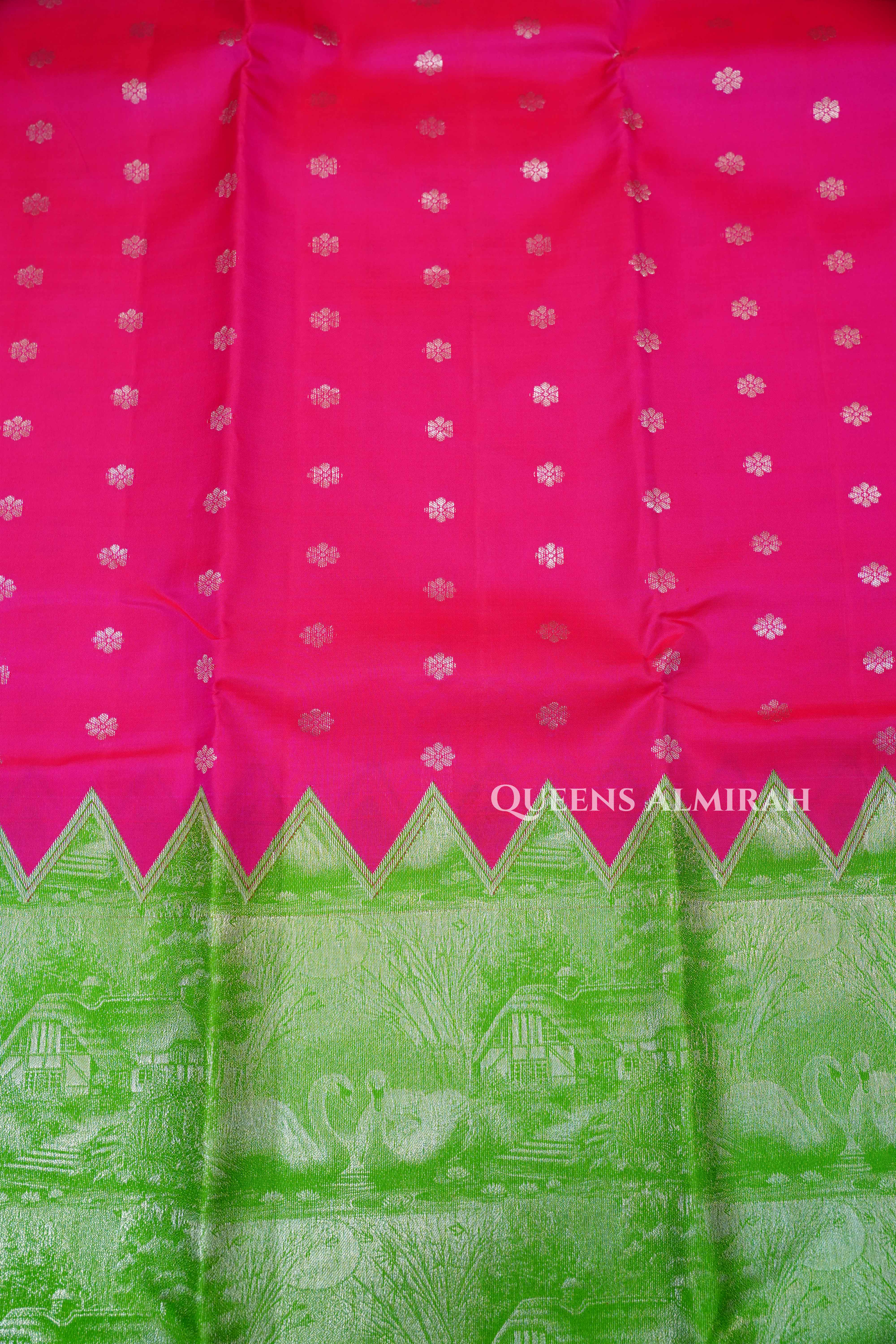 Parrot Green With Rani Pink  Kanchivaram Silk Saree