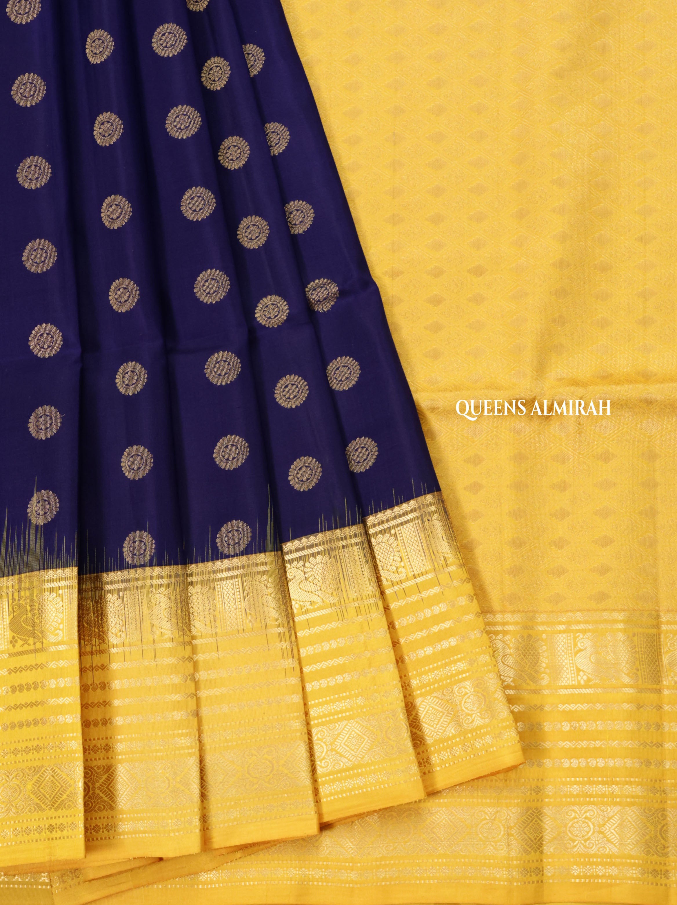 Navy Blue With Yellow Pure Soft Silk Saree