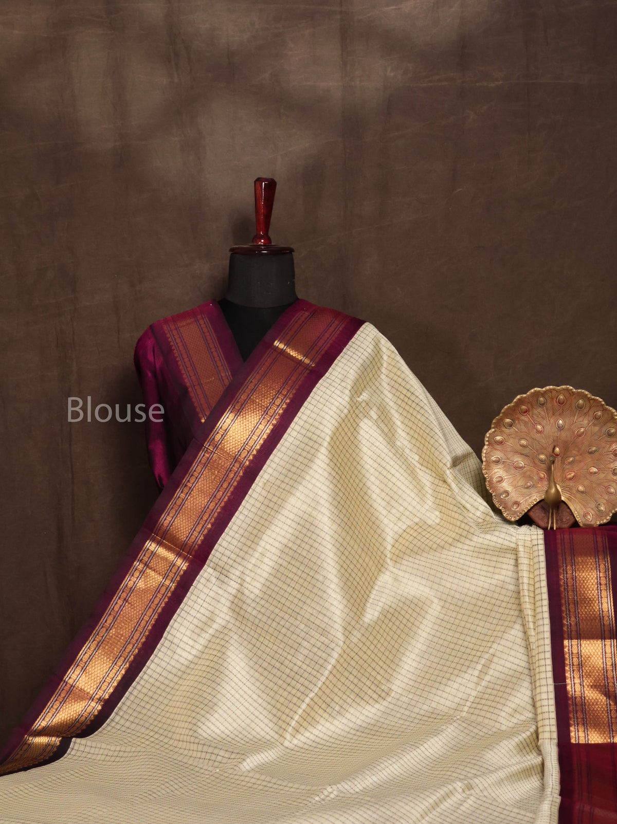 White Kattam With Brown Pure Silk Cotton Saree