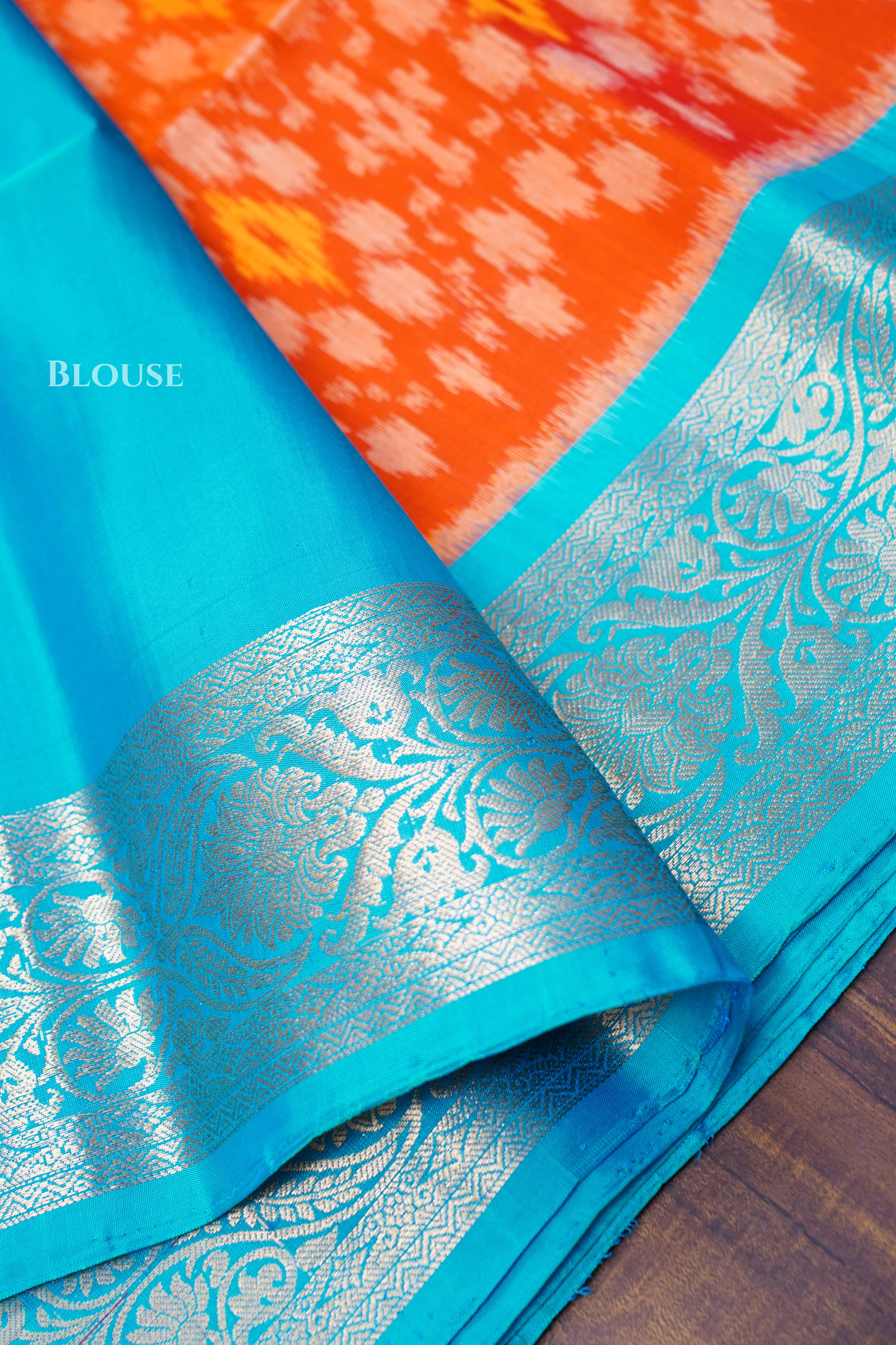 Fanta Orange With Blue Pure Soft Silk Saree