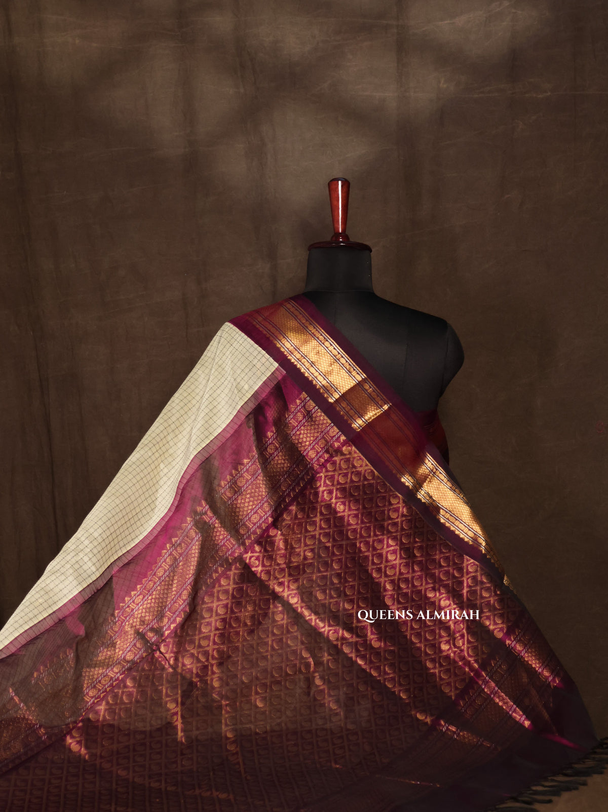 White Kattam With Brown Pure Silk Cotton Saree