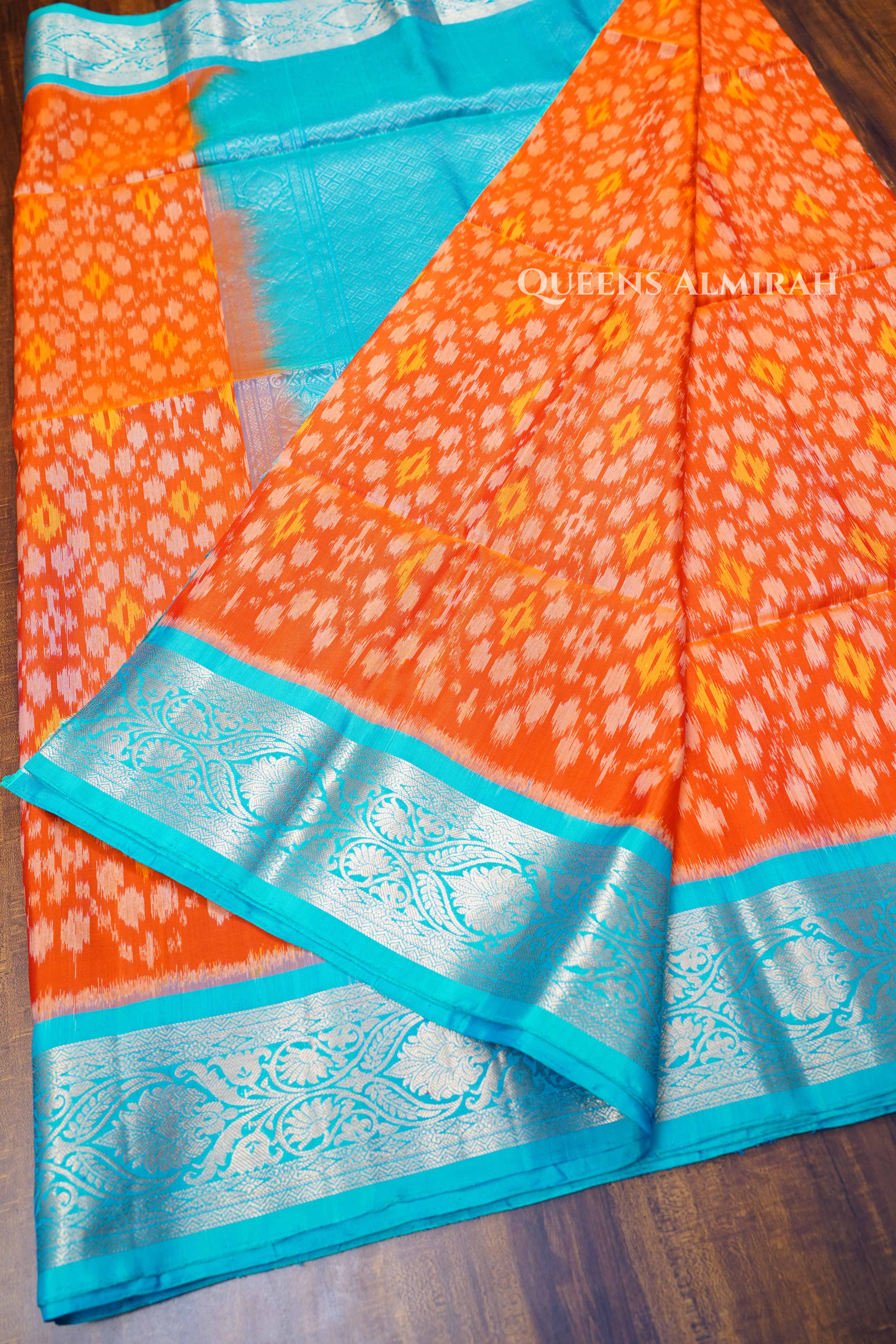 Fanta Orange With Blue Pure Soft Silk Saree