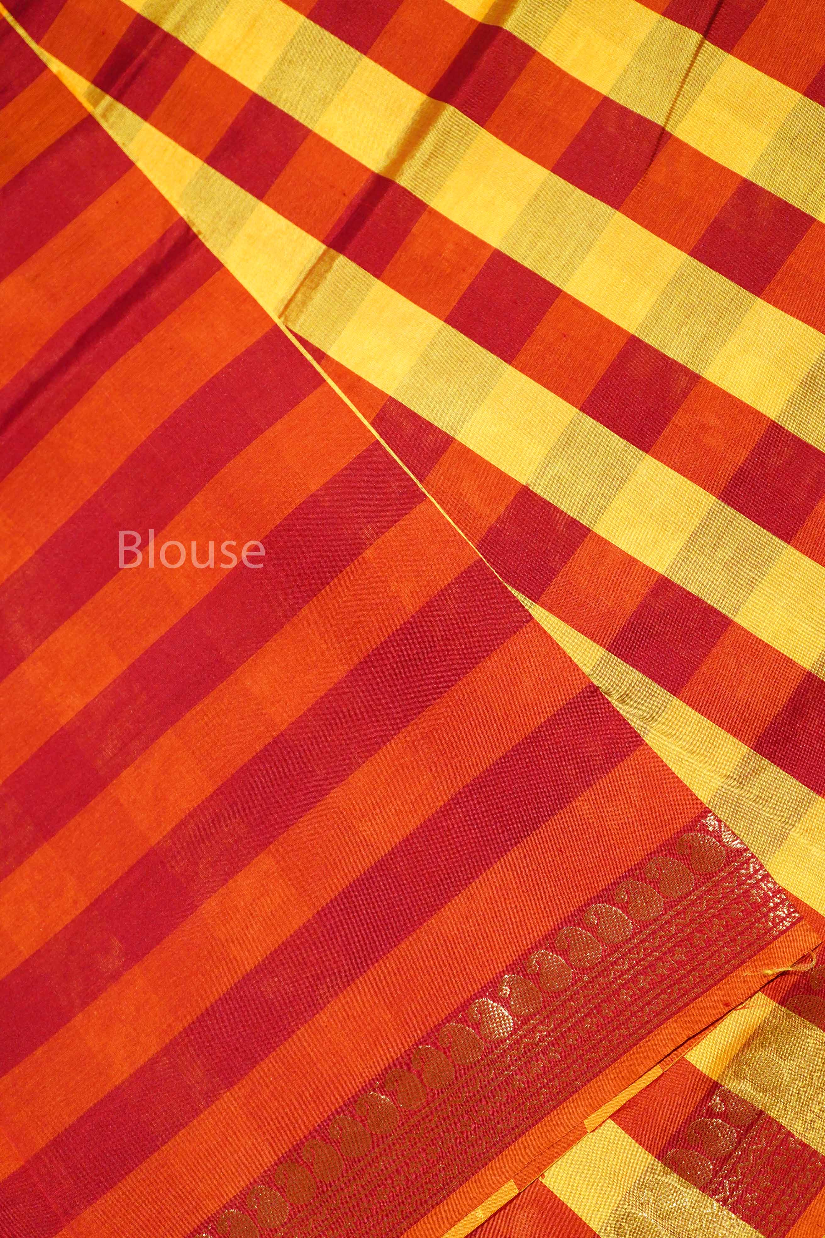 Yellow With Red Checks Semi Silk Cotton Saree