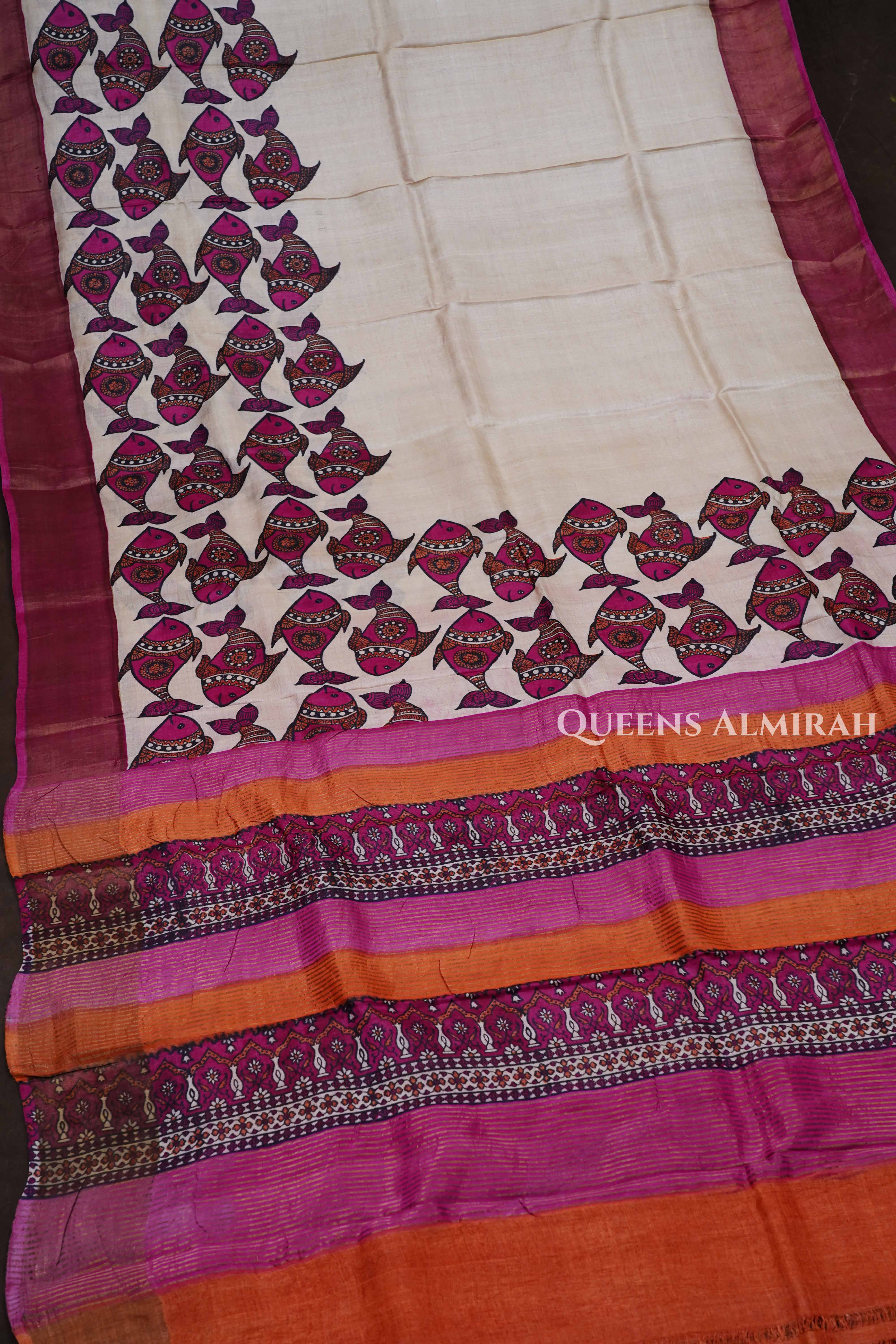 White Pure Tussar Silk Saree