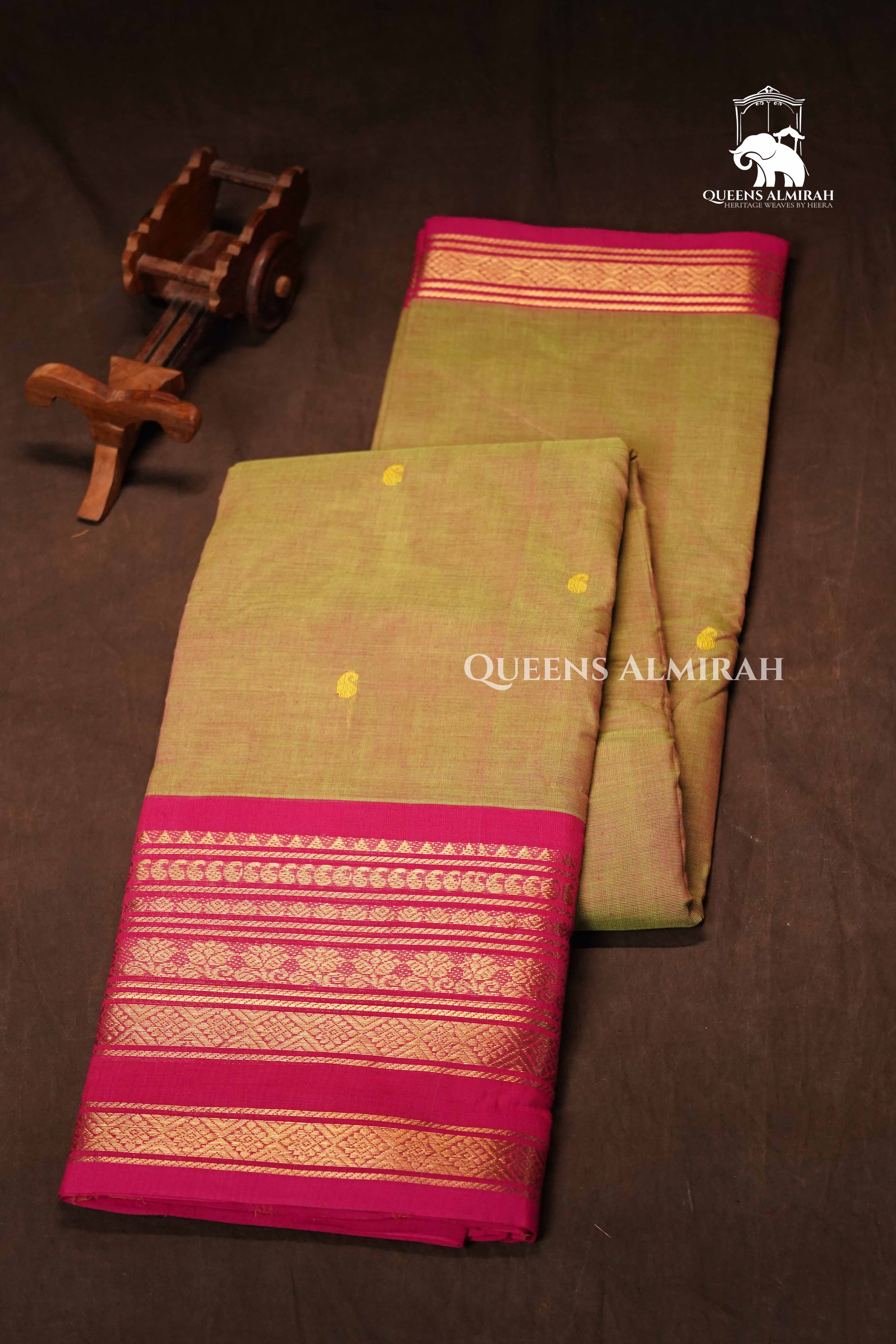 Yellow Green With Red Kanchi Cotton Saree