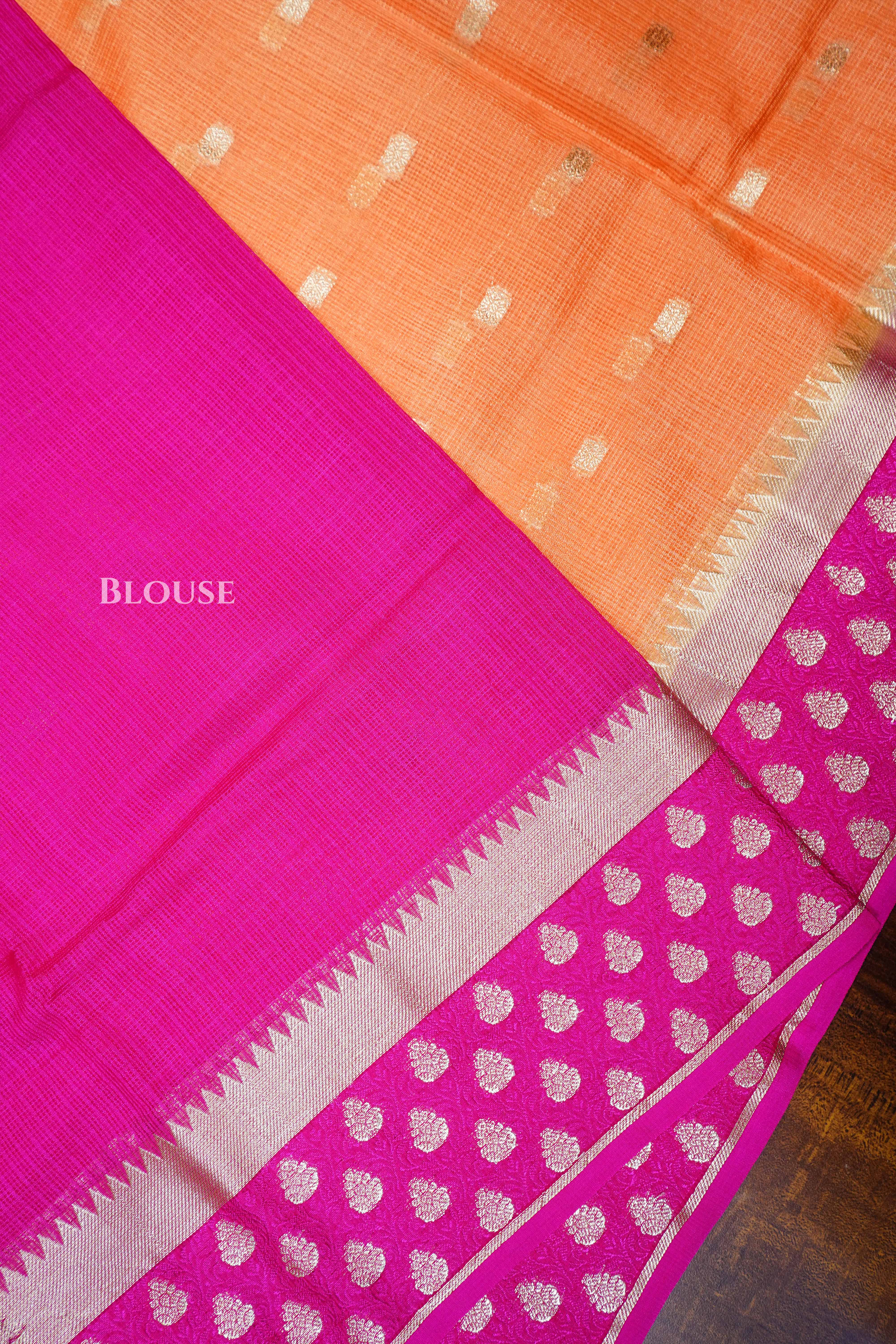 Peach With Magenta Pink Semi Kota Silk Cotton Saree