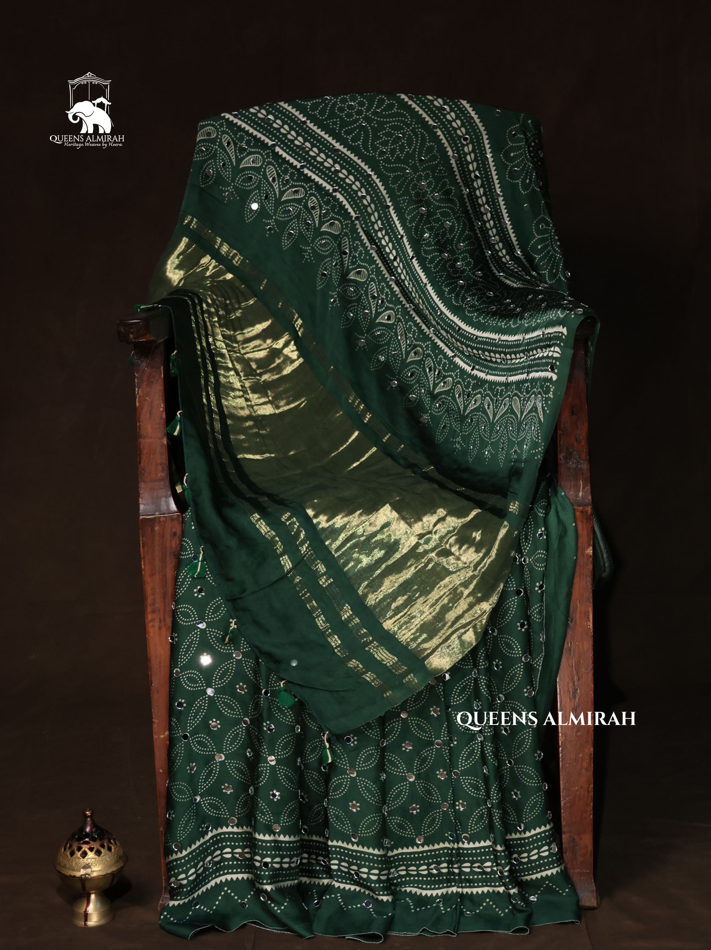 Green Mirror Work Ajrakh Modal Silk Saree