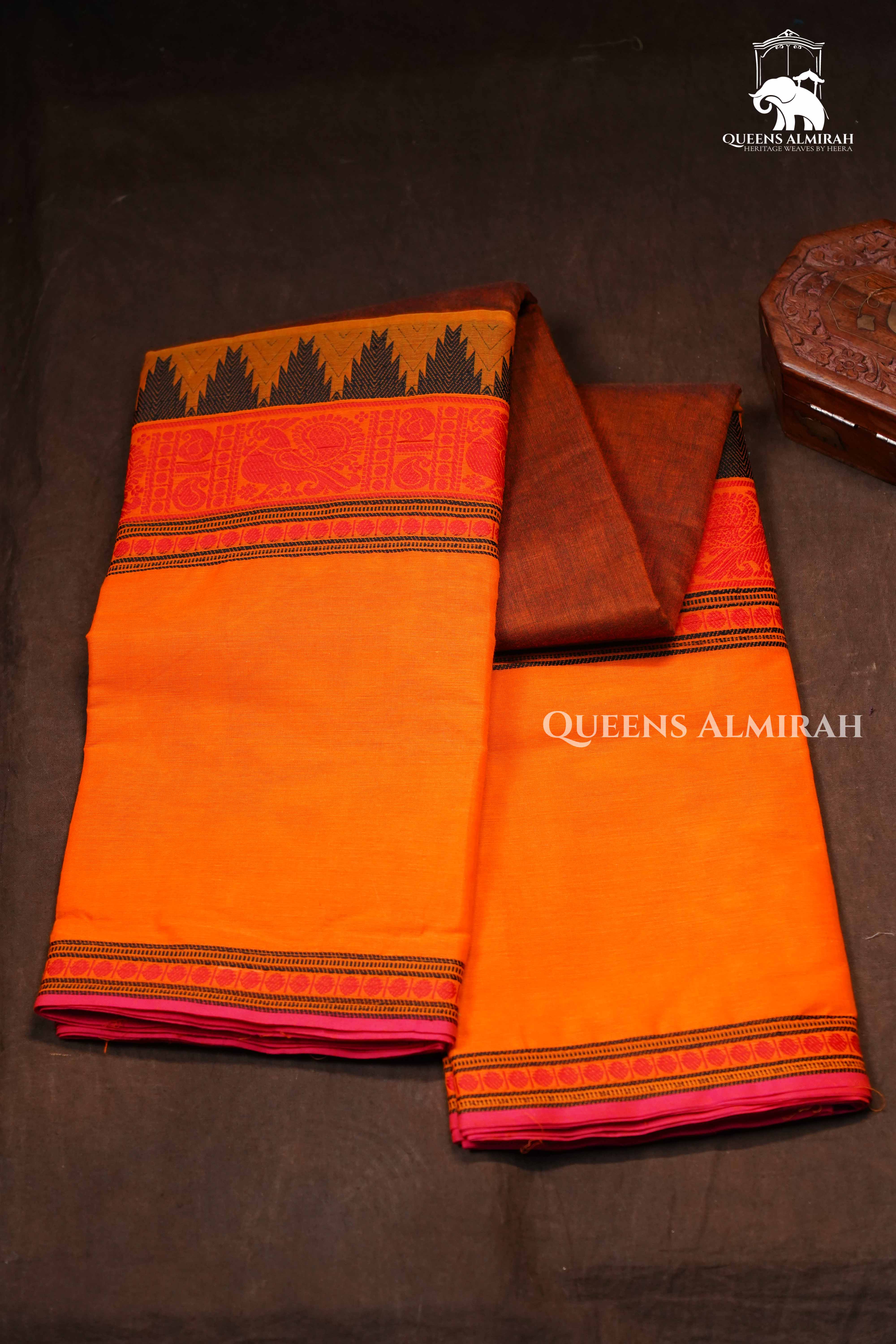 Honey Brown With Mango Yellow 1 Chettinad Cotton Saree