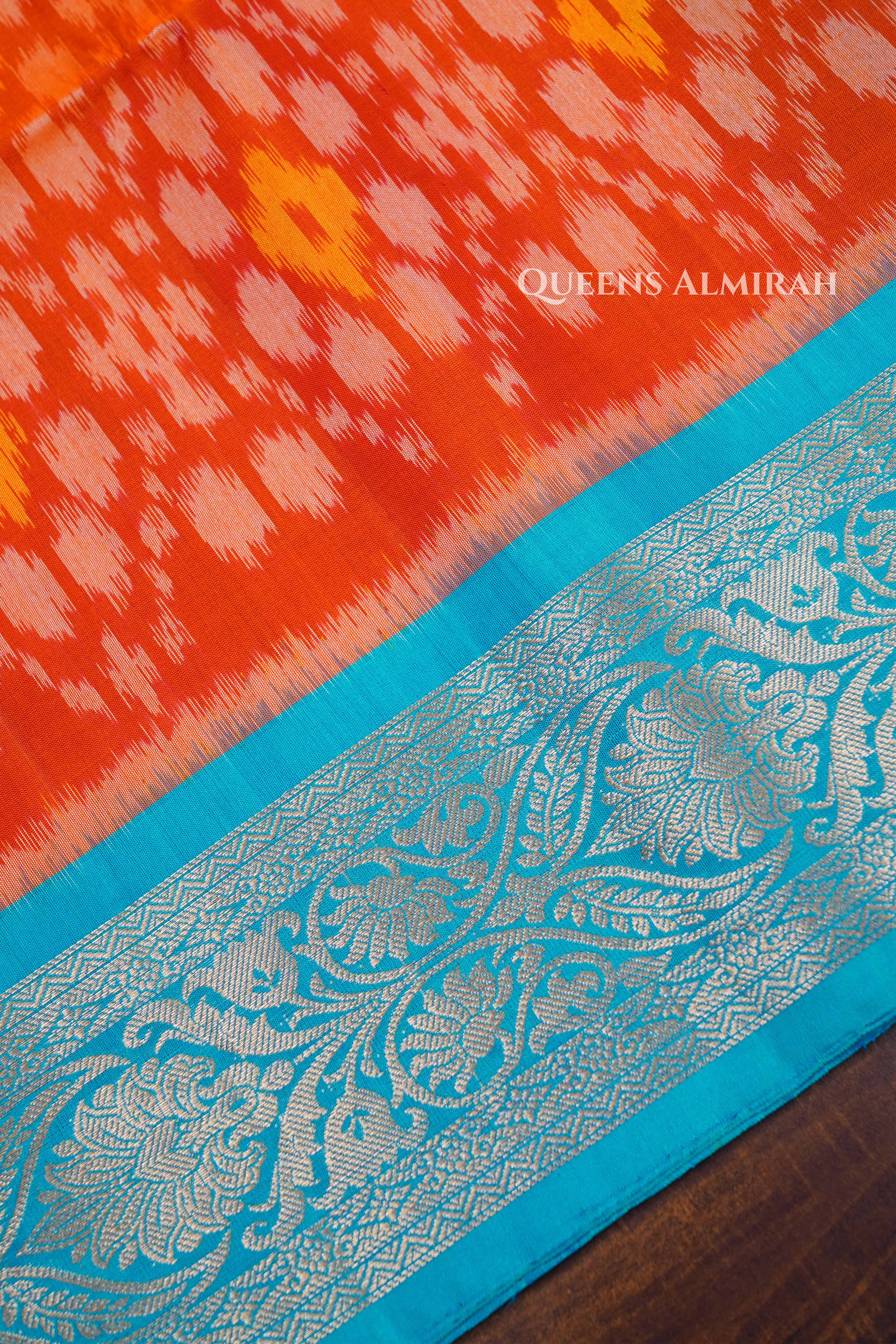 Fanta Orange With Blue Pure Soft Silk Saree