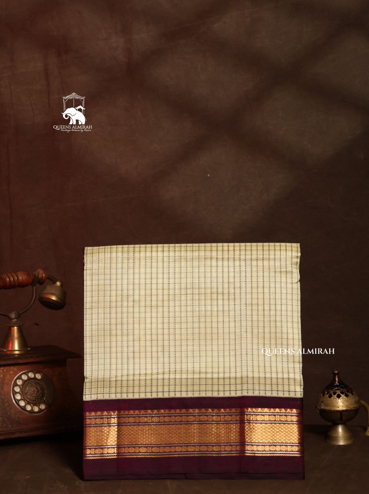 White Kattam With Brown Pure Silk Cotton Saree