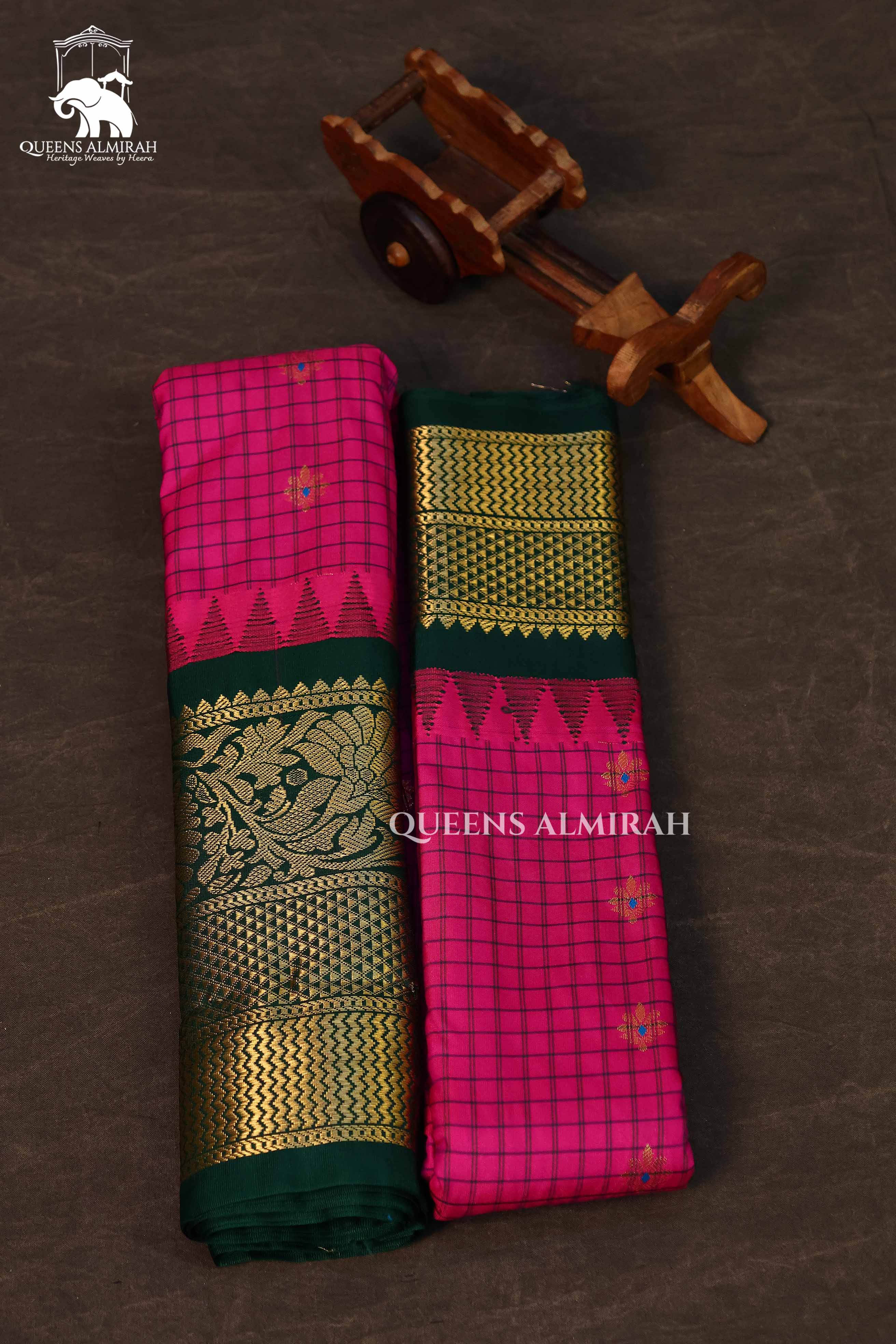 Pink Kattam With Green Long And Short Border Semi Gadwal Silk Saree