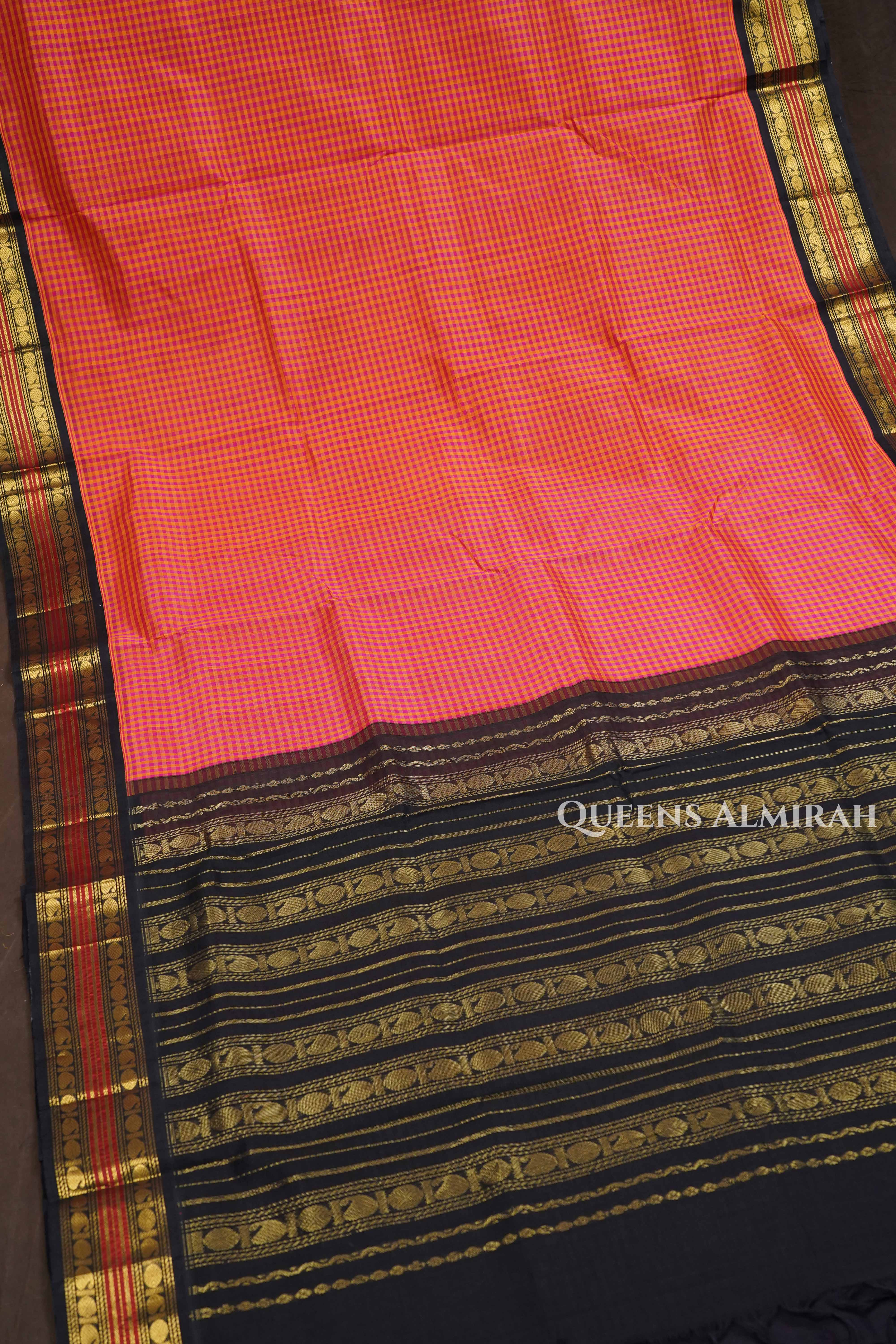 Red With Yellow Checks Pure Silk Cotton Saree