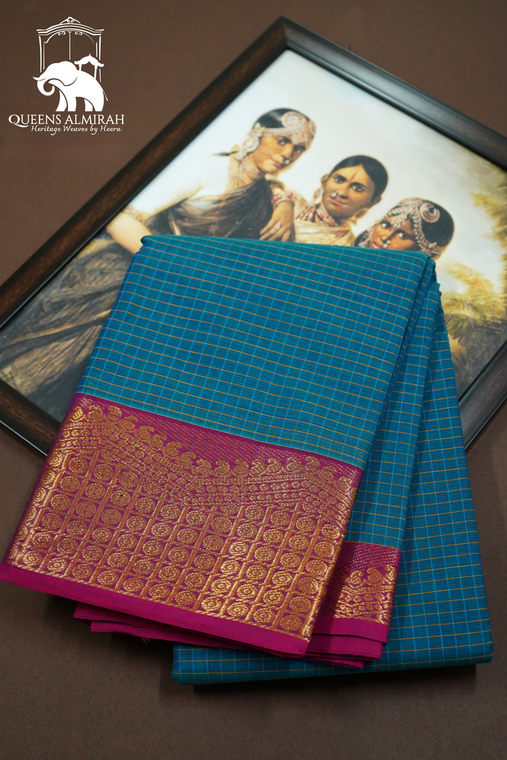 DARK AQUA WITH DARK RASPBERRY KANCHI COTTON SAREE - Queens Jewel Emporium