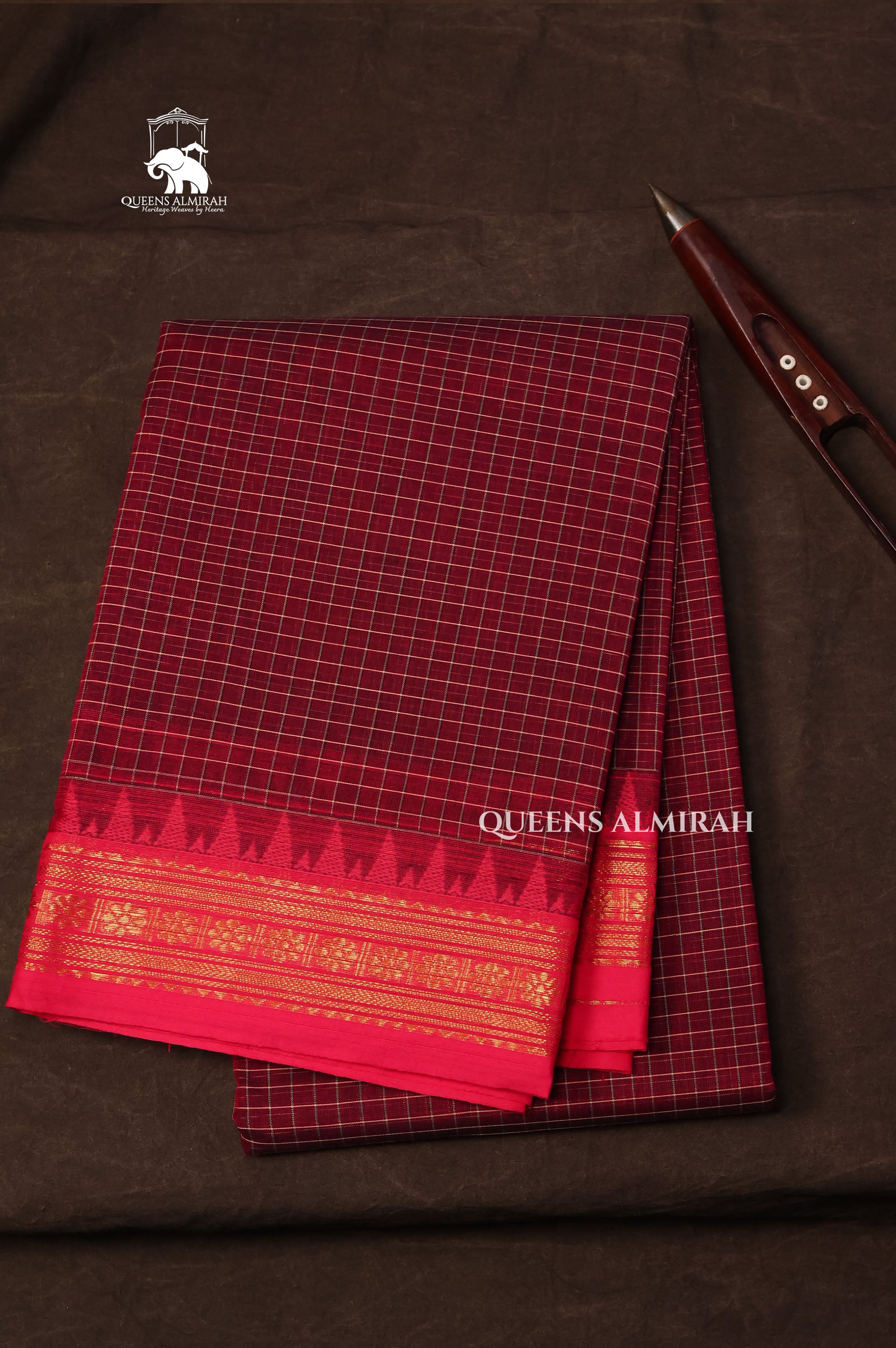 Maroon Kattam With Pink Kanchi Cotton Saree