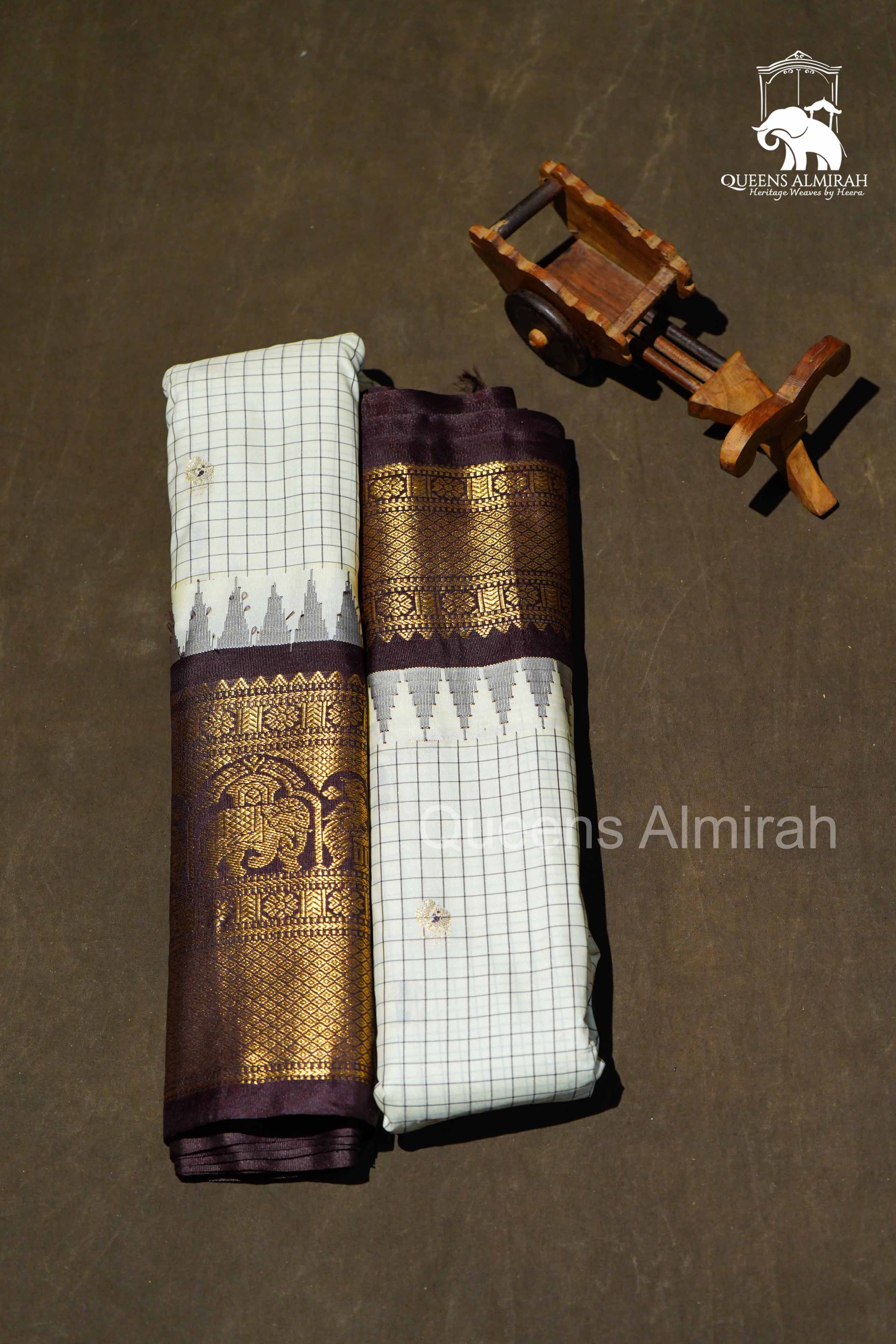 White Kattam With Cocoa Bean Border Semi Gadwal Silk Saree