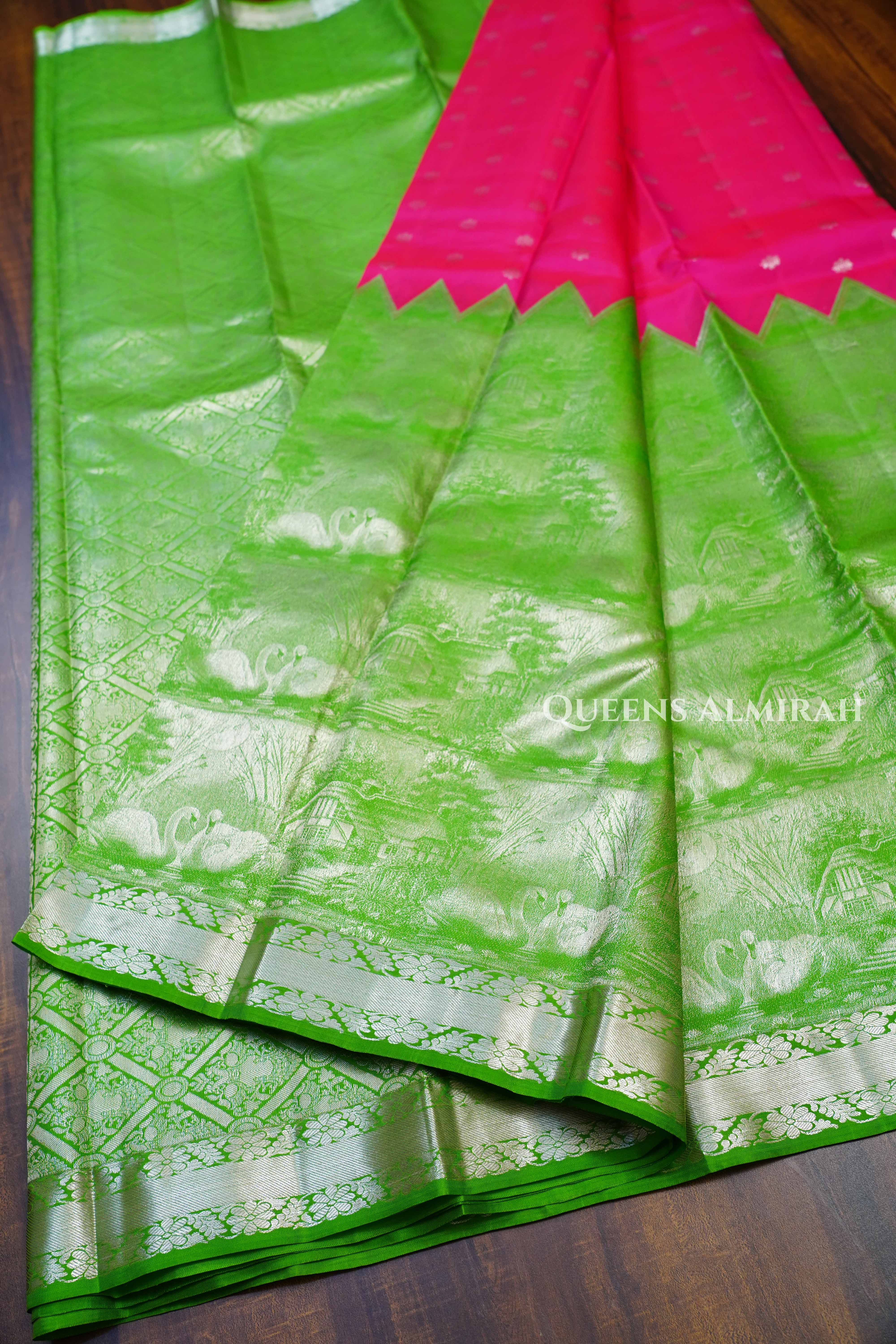 Parrot Green With Rani Pink  Kanchivaram Silk Saree