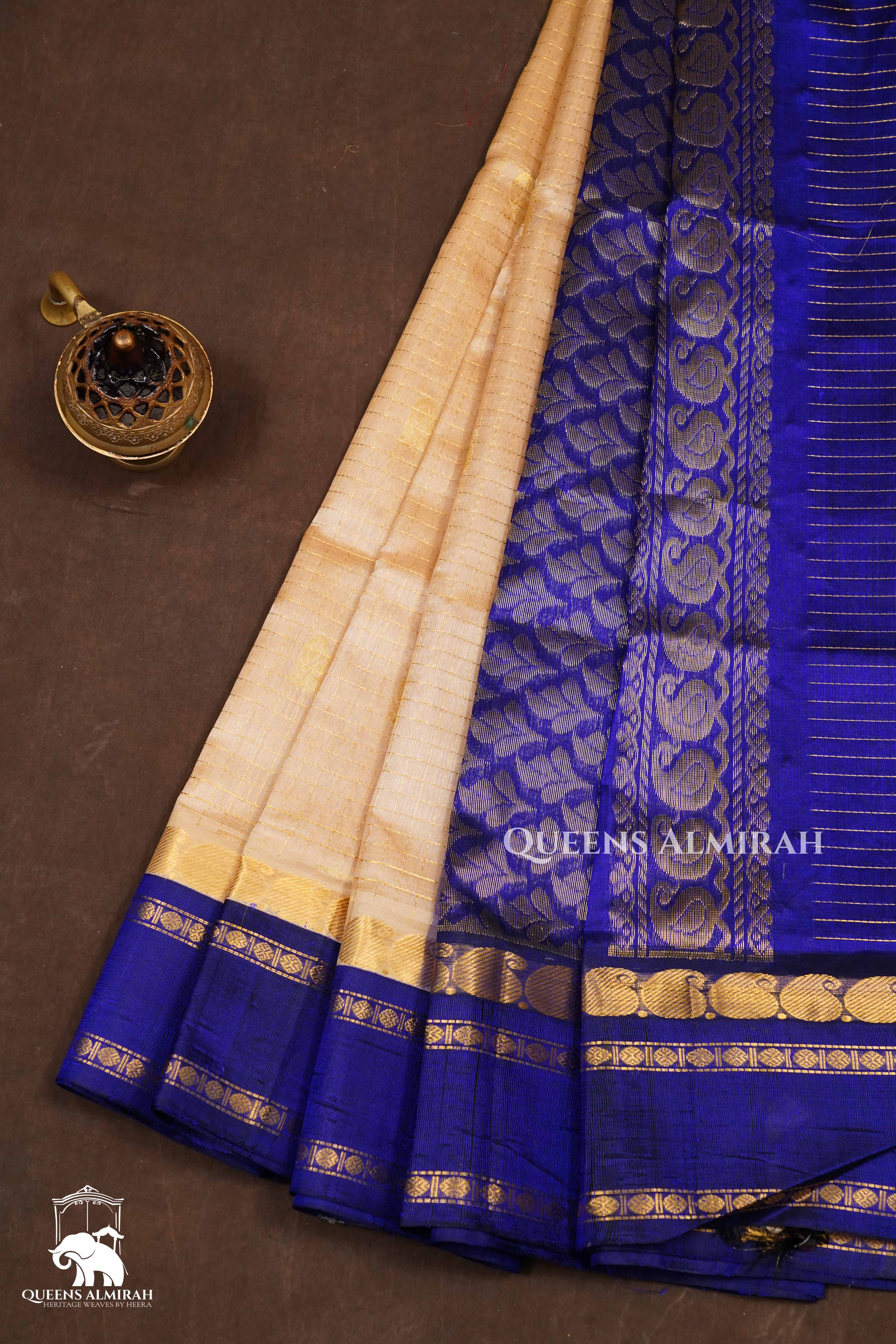 Off White With Blue Pure Silk Cotton Saree