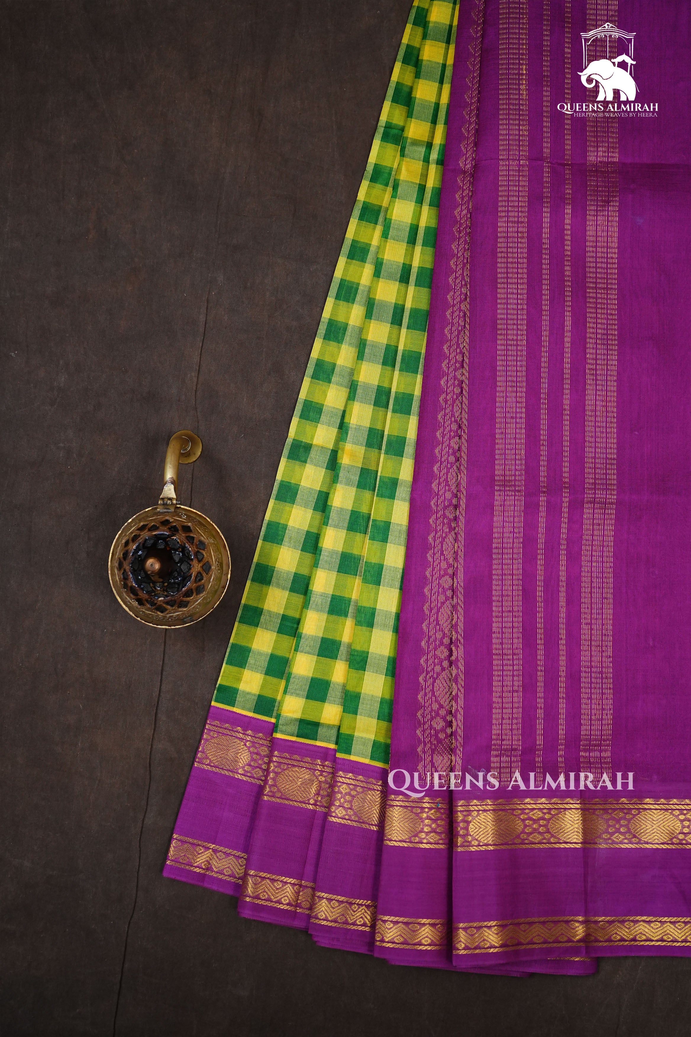 Green Checked With Purple Pure Silk Cotton Saree