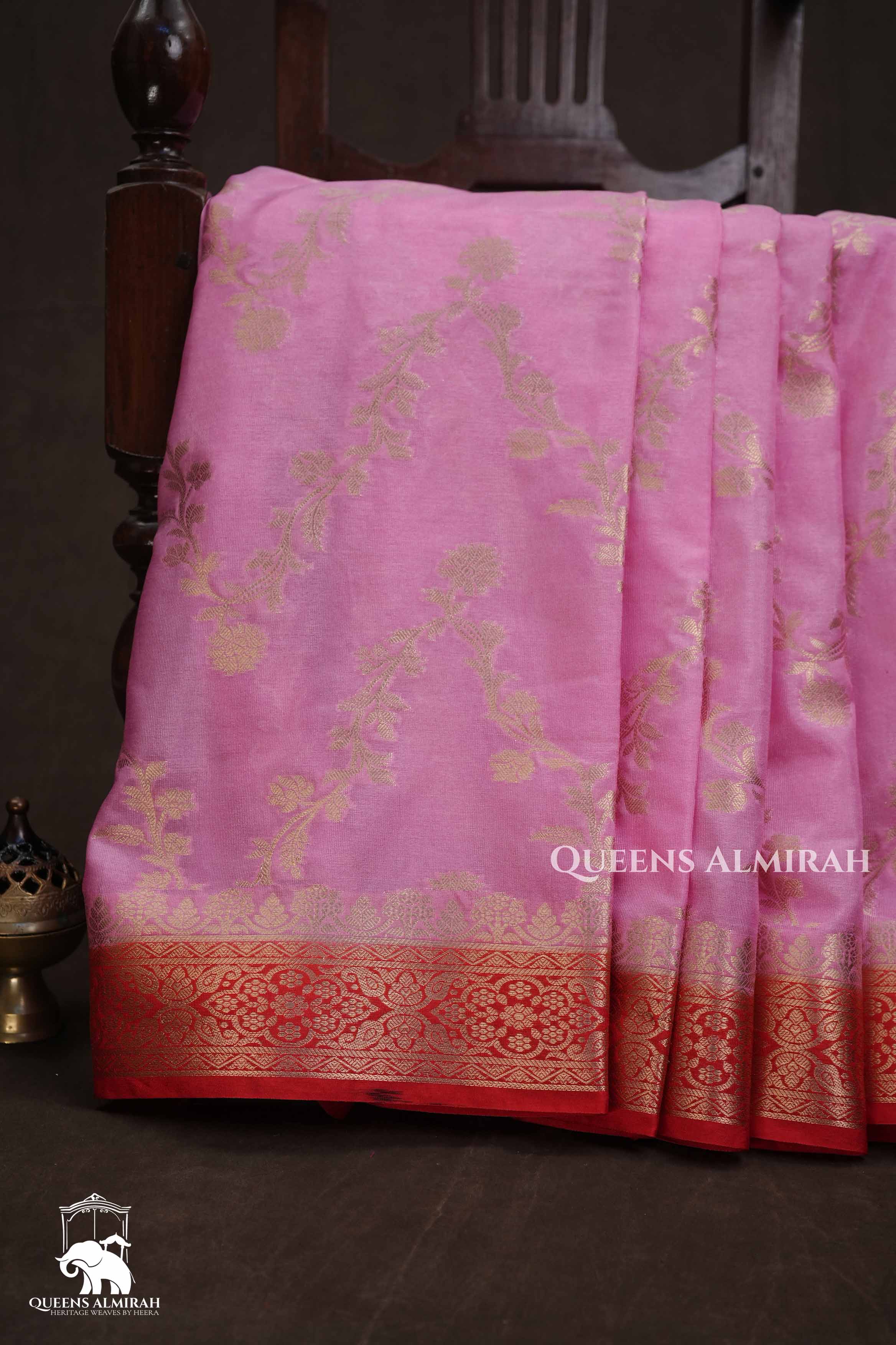 Rose Milk Pink With Red Banarasi Silk Saree