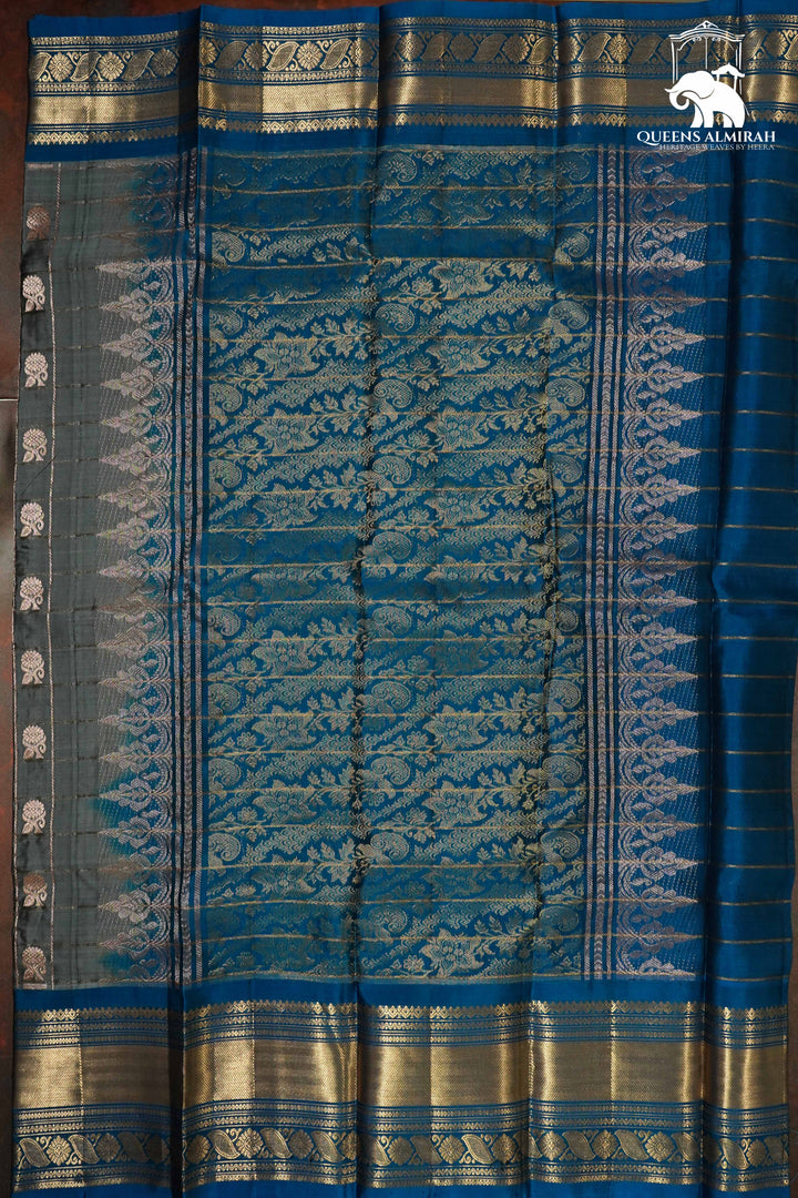 PALE SKY BLUE WITH NILE BLUE KANCHIVARAM SILK SAREE - Queens Jewel Emporium