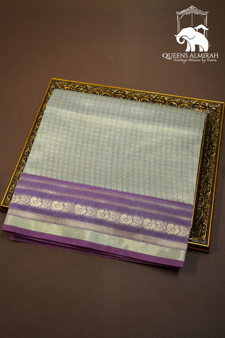 BANARASI  SILK  - HEATHERED GREY WITH DULL PURPLE WOVEN BORDER SILK COTTON SAREE - Queens Jewel Emporium