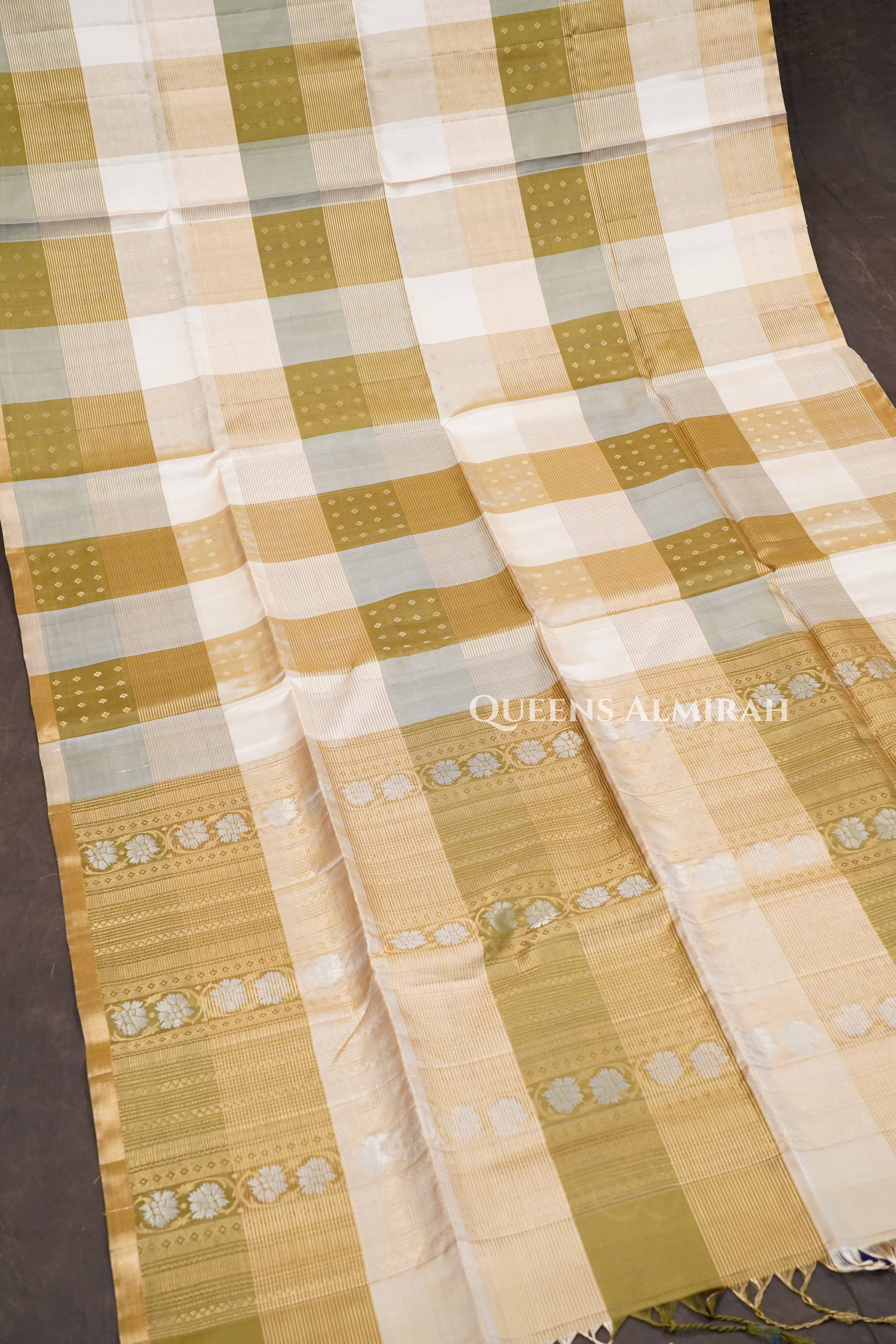 Ivory With Olive Checks Pure Soft Silk Saree