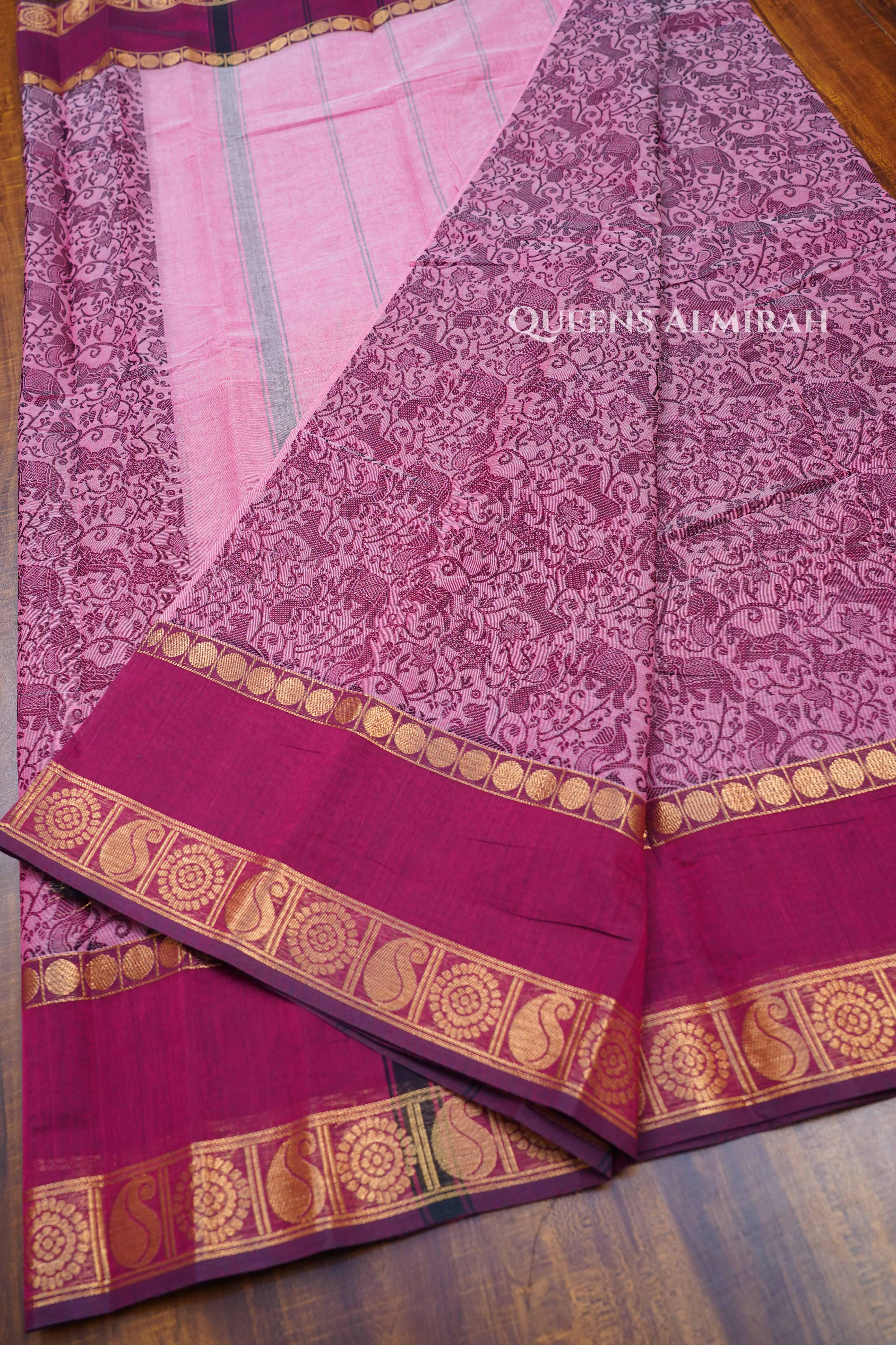 Pink With Maroon Kanchi Cotton Saree