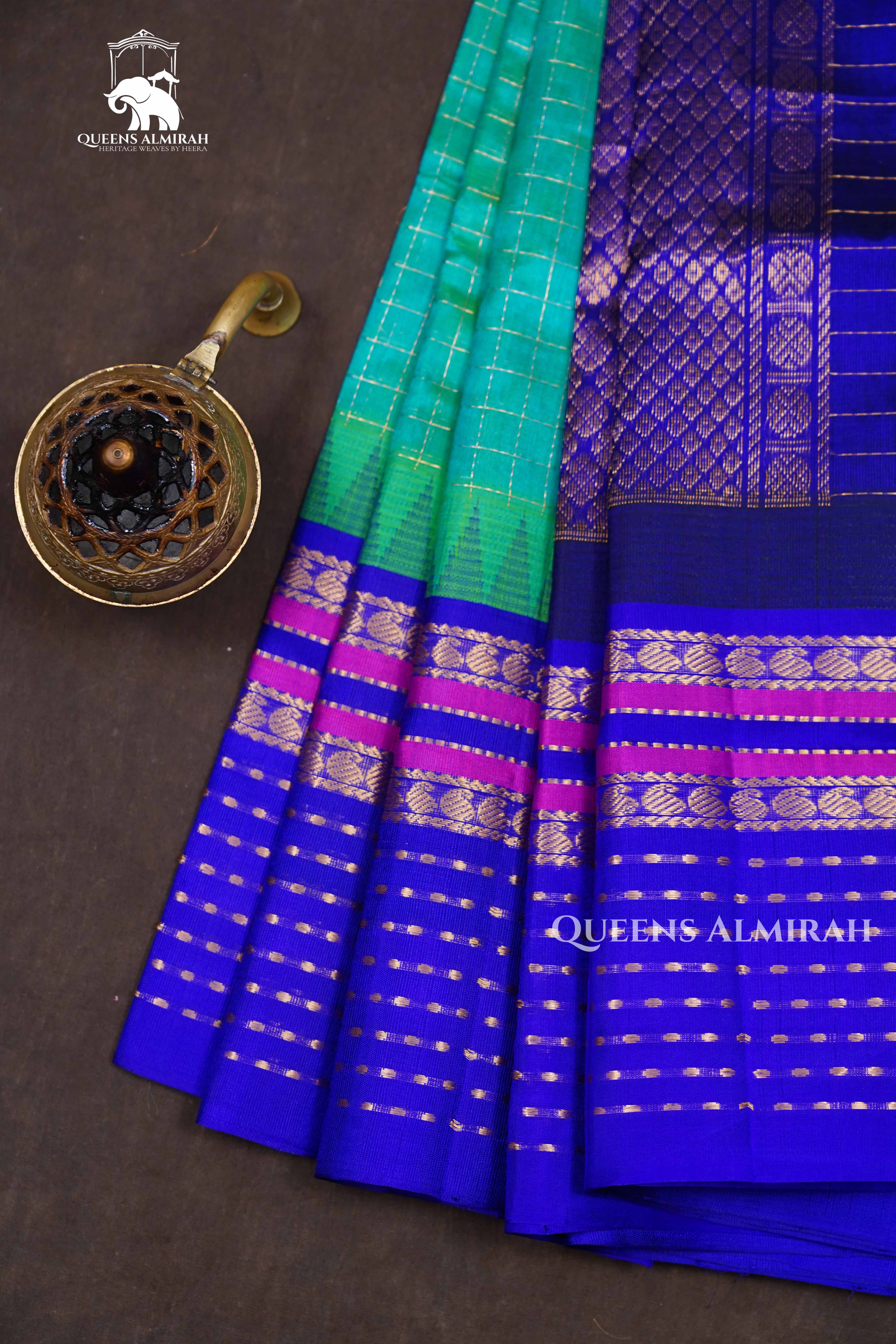 Sea Blue With Navy Blue Pure Kanchi Silk Cotton Saree