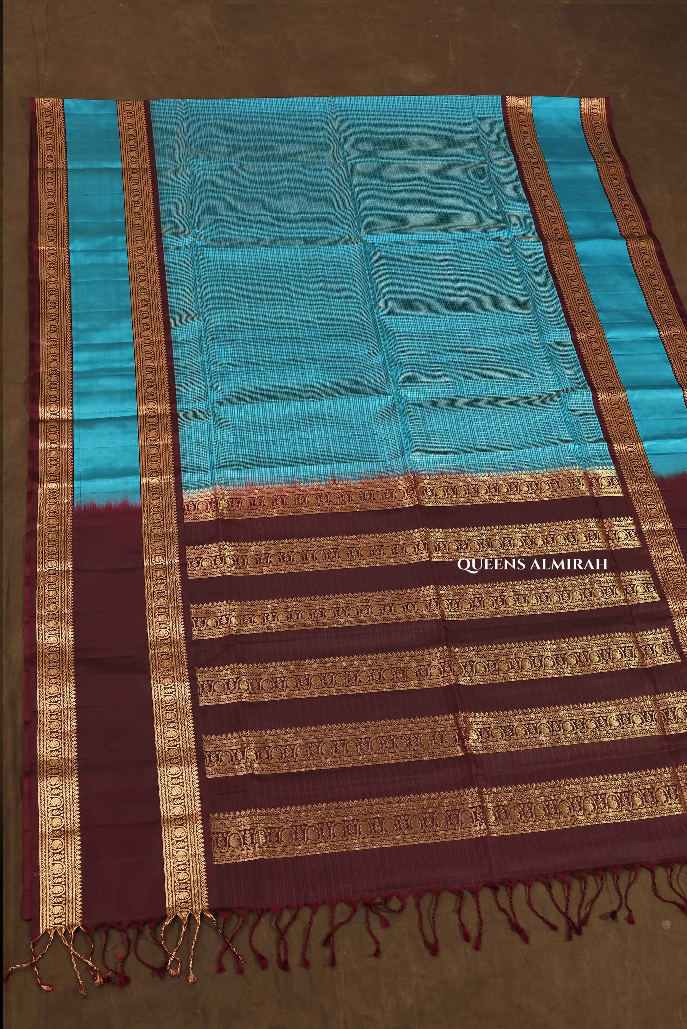 Turquoise Blue With Dark Brown Payadi Pure Soft Silk Saree