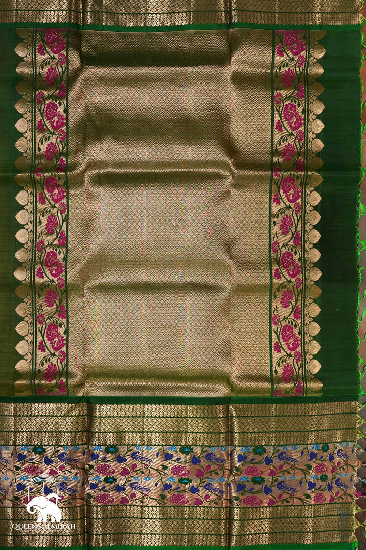 DARK OLIVE GREEN WITH WOVEN BORDER KANCHIVARAM SILK SAREE - Queens Jewel Emporium