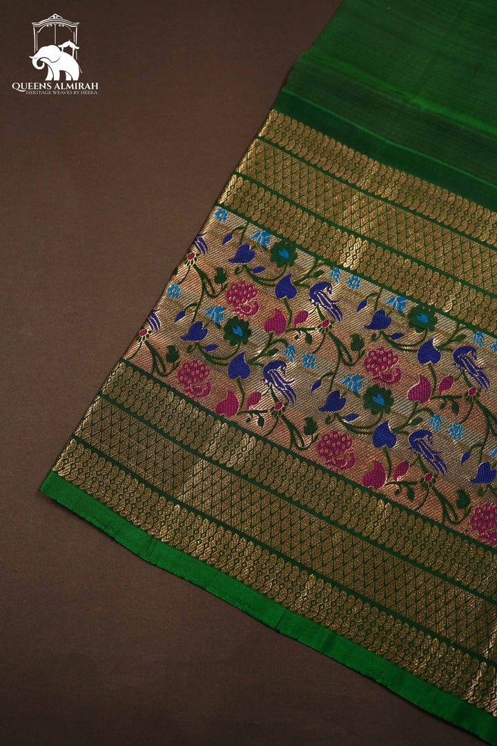 DARK OLIVE GREEN WITH WOVEN BORDER KANCHIVARAM SILK SAREE - Queens Jewel Emporium