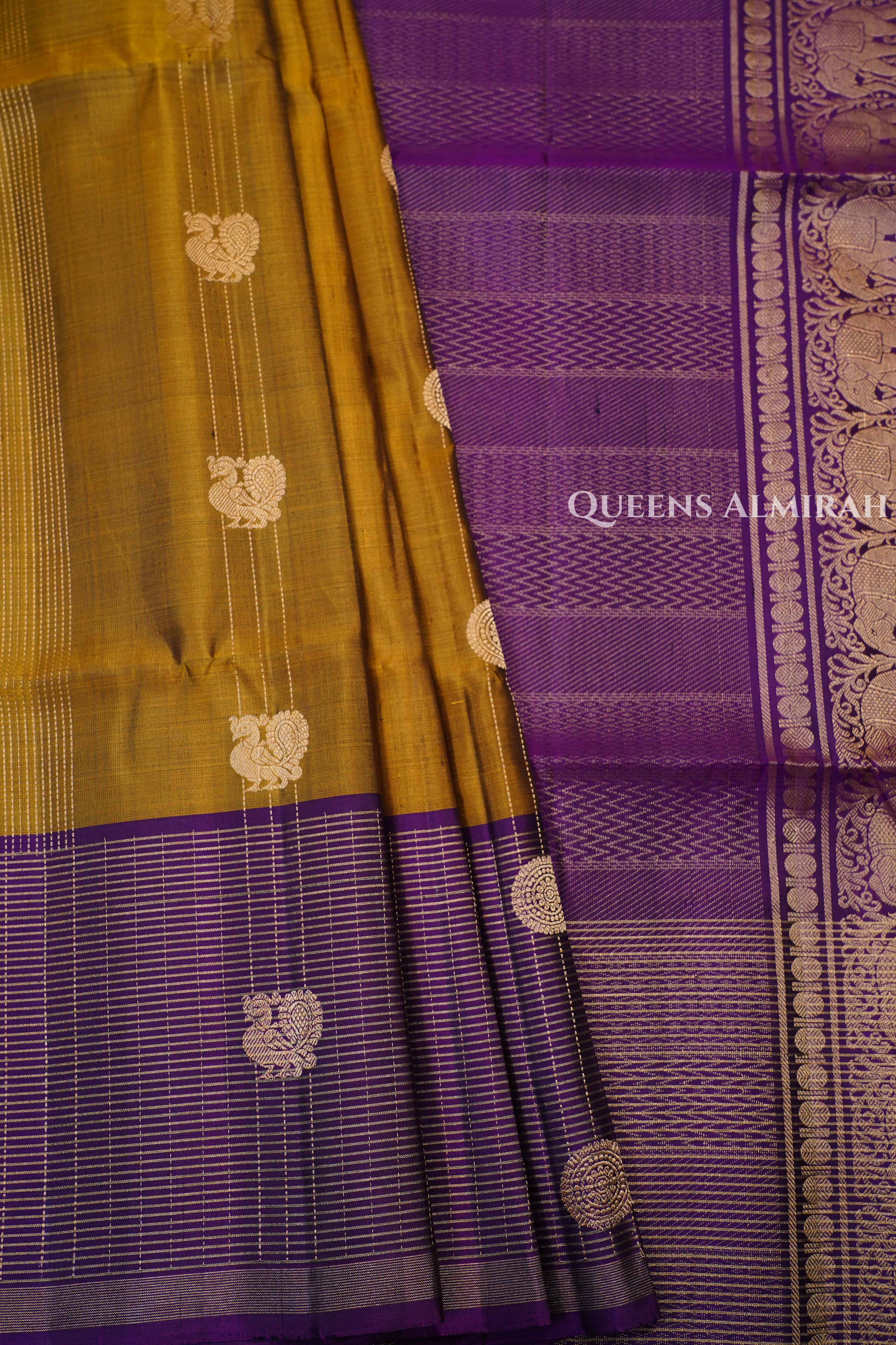 Mustard Yellow With Purple Pure Soft Silk Saree