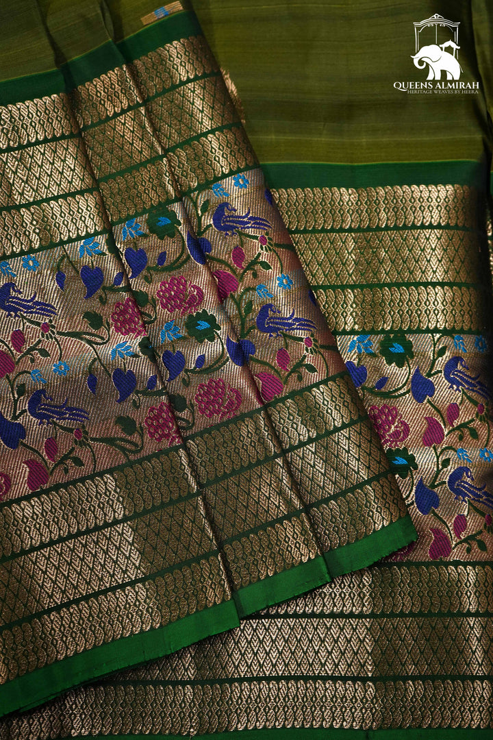 DARK OLIVE GREEN WITH WOVEN BORDER KANCHIVARAM SILK SAREE - Queens Jewel Emporium
