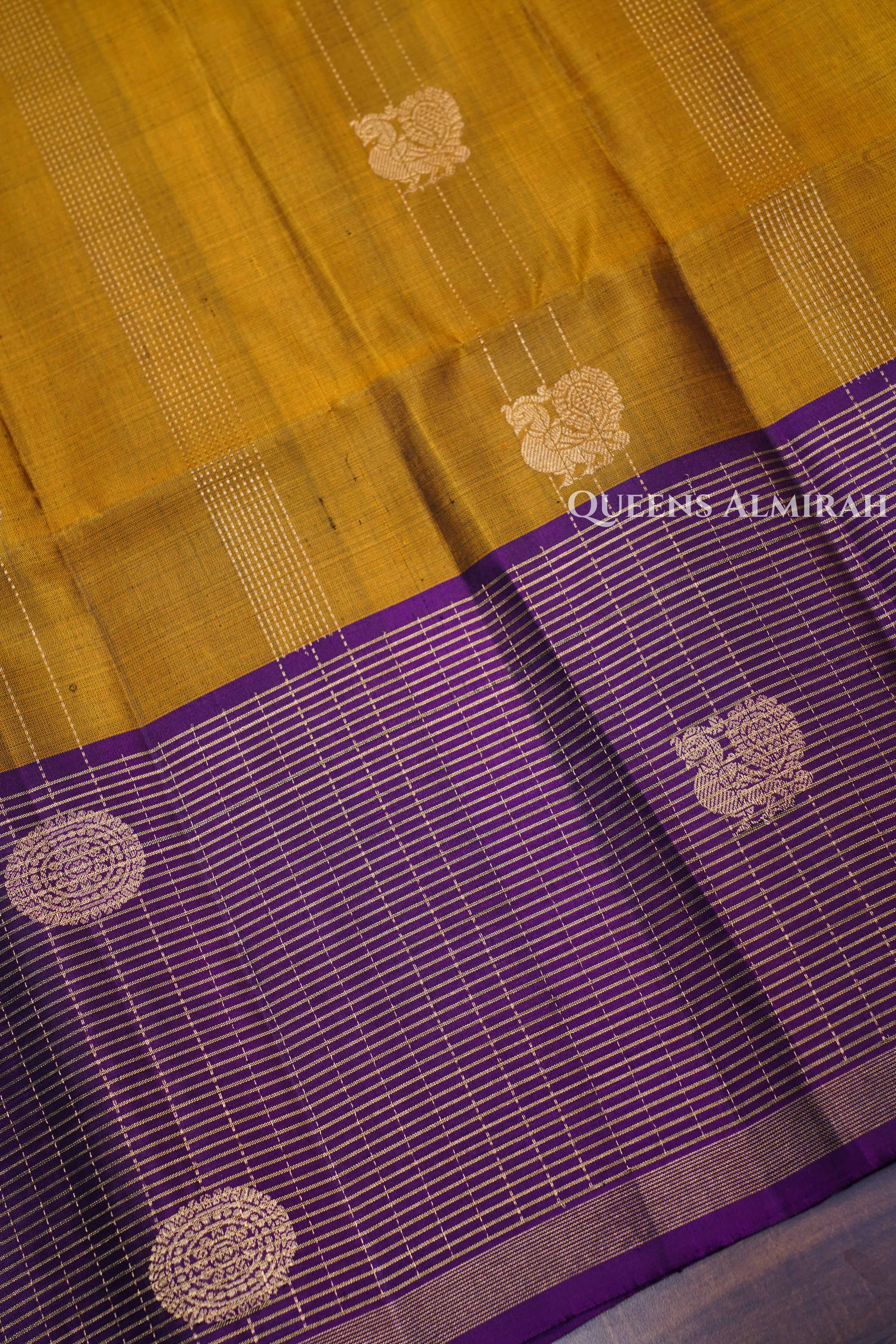 Mustard Yellow With Purple Pure Soft Silk Saree