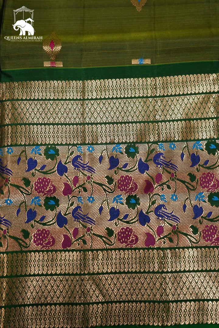 DARK OLIVE GREEN WITH WOVEN BORDER KANCHIVARAM SILK SAREE - Queens Jewel Emporium