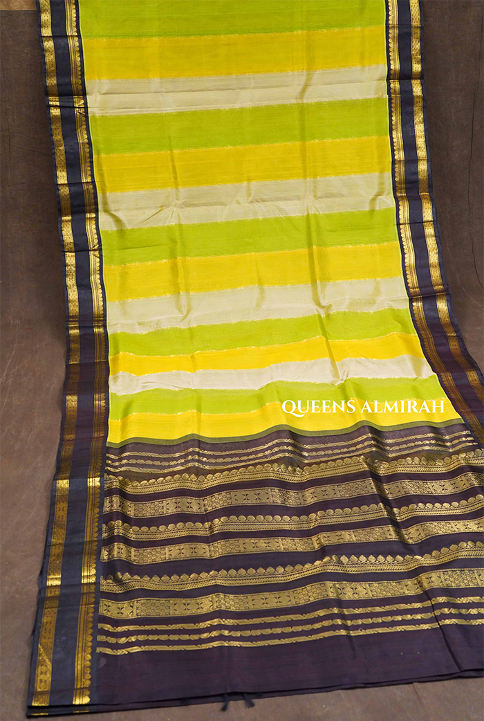 Multi Color With Black Gap Border Pure Silk Cotton Saree