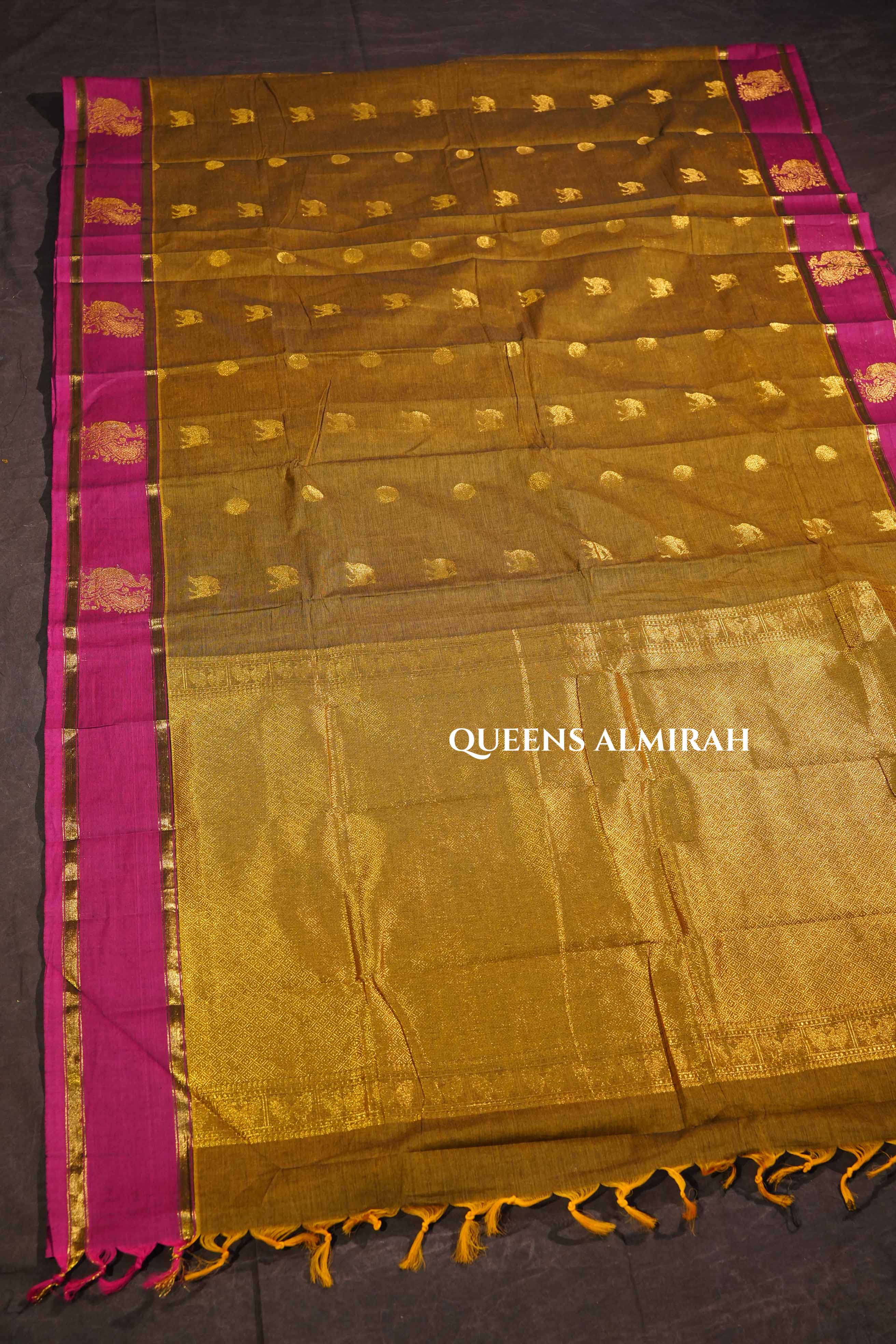 Mustard Yellow With Pink Peacocok Border Kanchi Cotton Saree