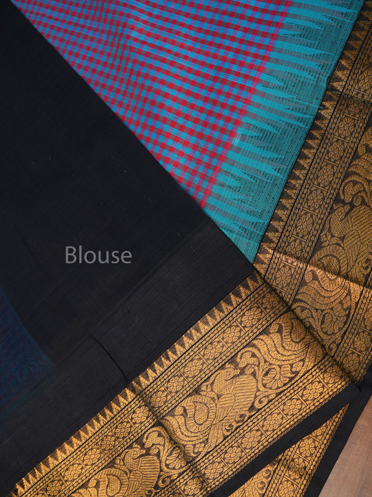 Blue With Pink Kattam With Black Pure Silk Cotton Saree